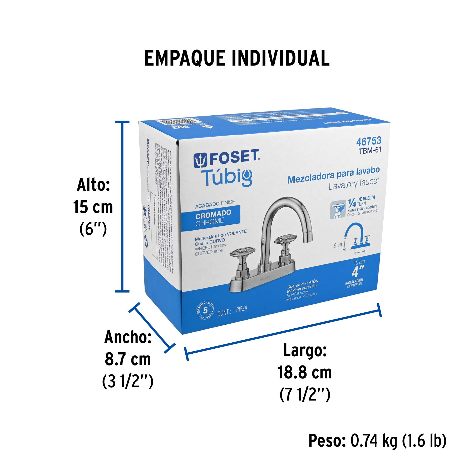 Mezcladora p/lavabo, bar, manerales redondos, cromo, TÚBIG - Empaque