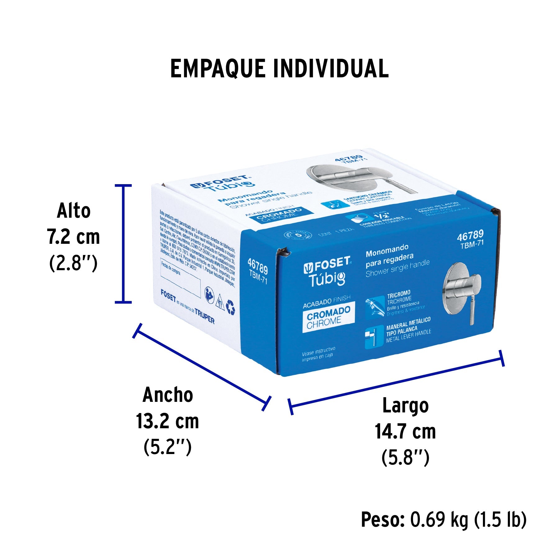 Monomando para regadera, cromo, TÚBIG - Empaque