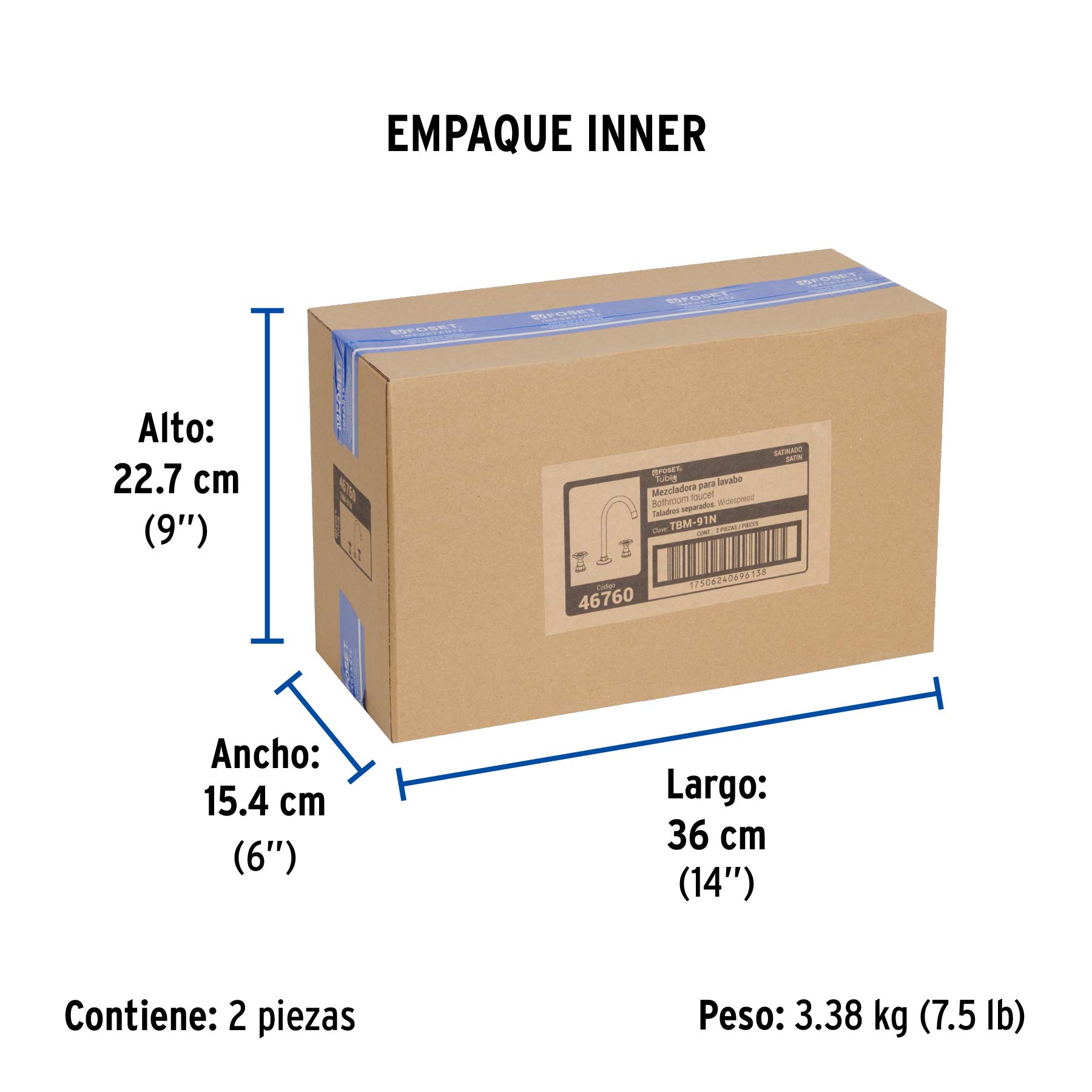 Mezcladora p/lavabo,taladros separados,redondos,satín, TÚBIG - Empaque