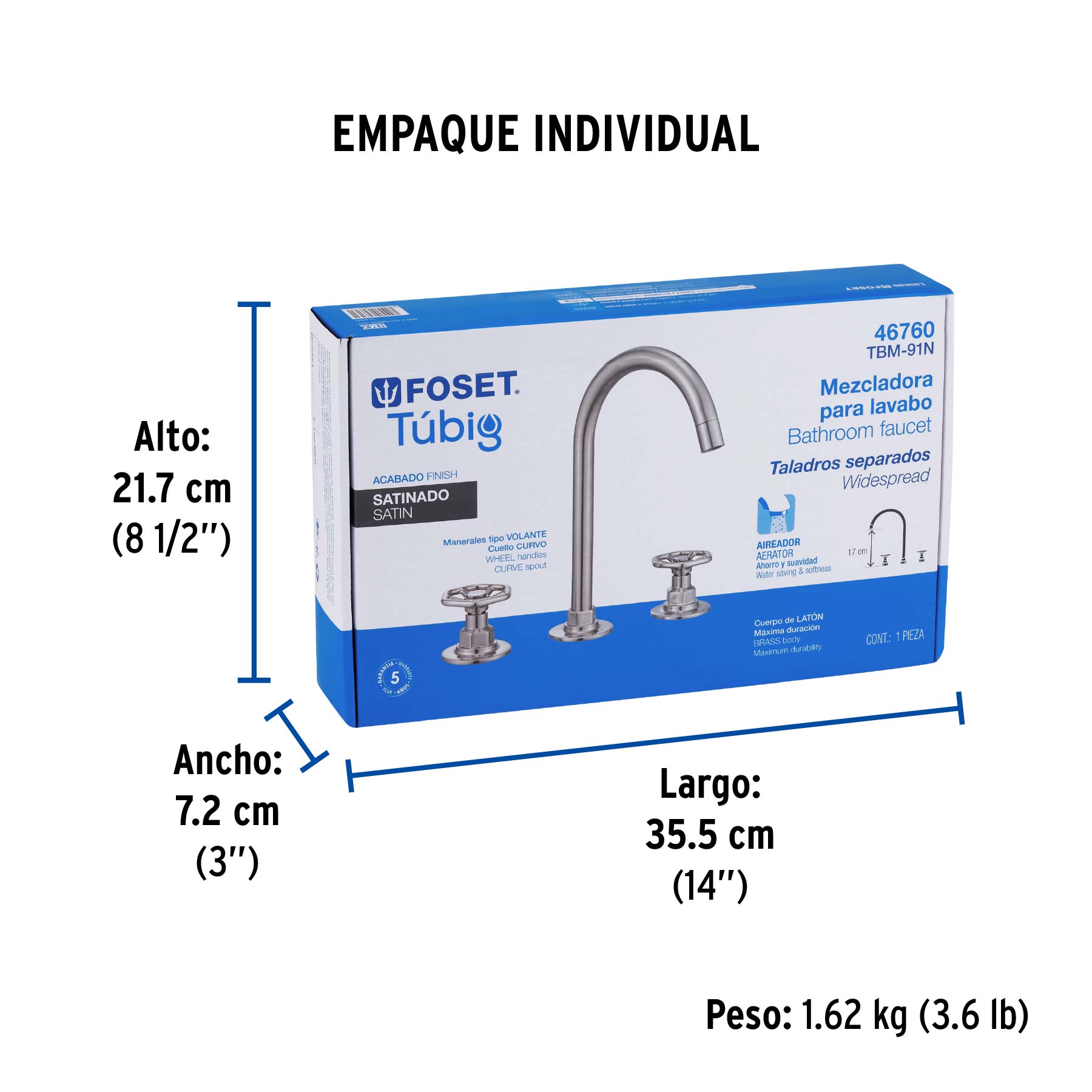 Mezcladora p/lavabo,taladros separados,redondos,satín, TÚBIG - Empaque