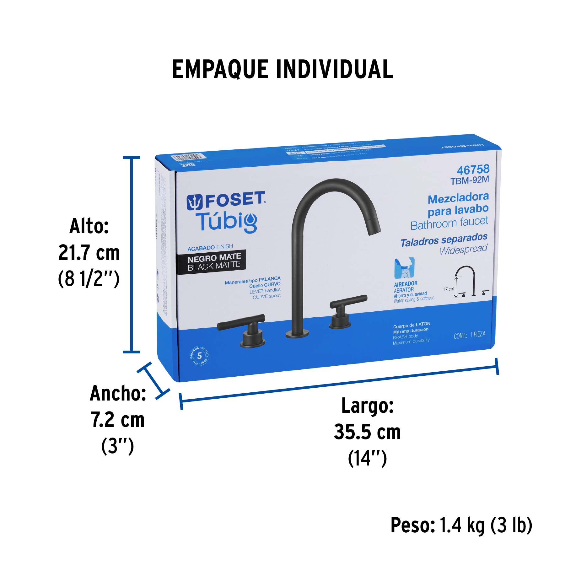 Mezcladora p/lavabo,taladros separados,palanca, negro, TÚBIG - Empaque