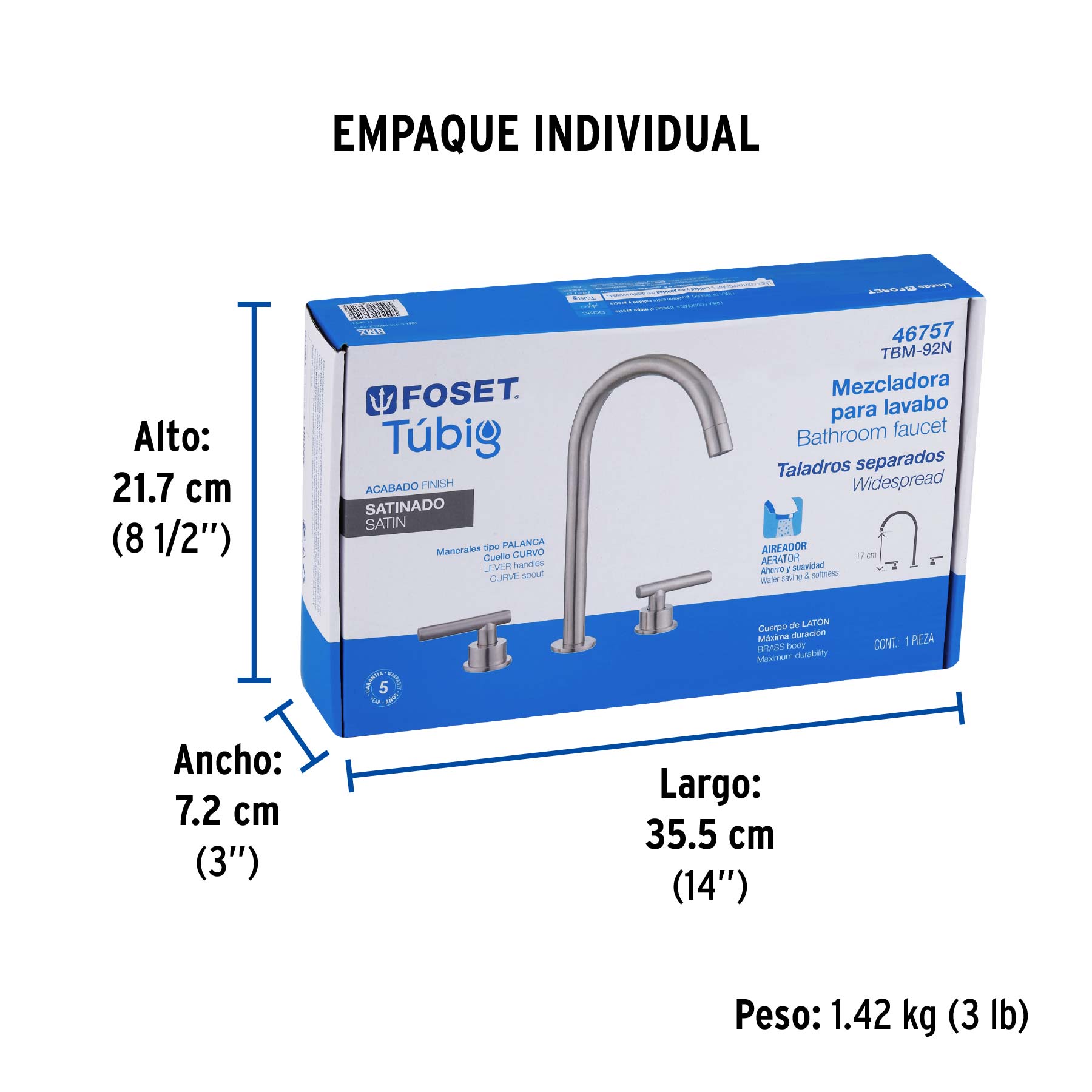 Mezcladora p/lavabo,taladros separados,palanca, satín, TÚBIG - Empaque