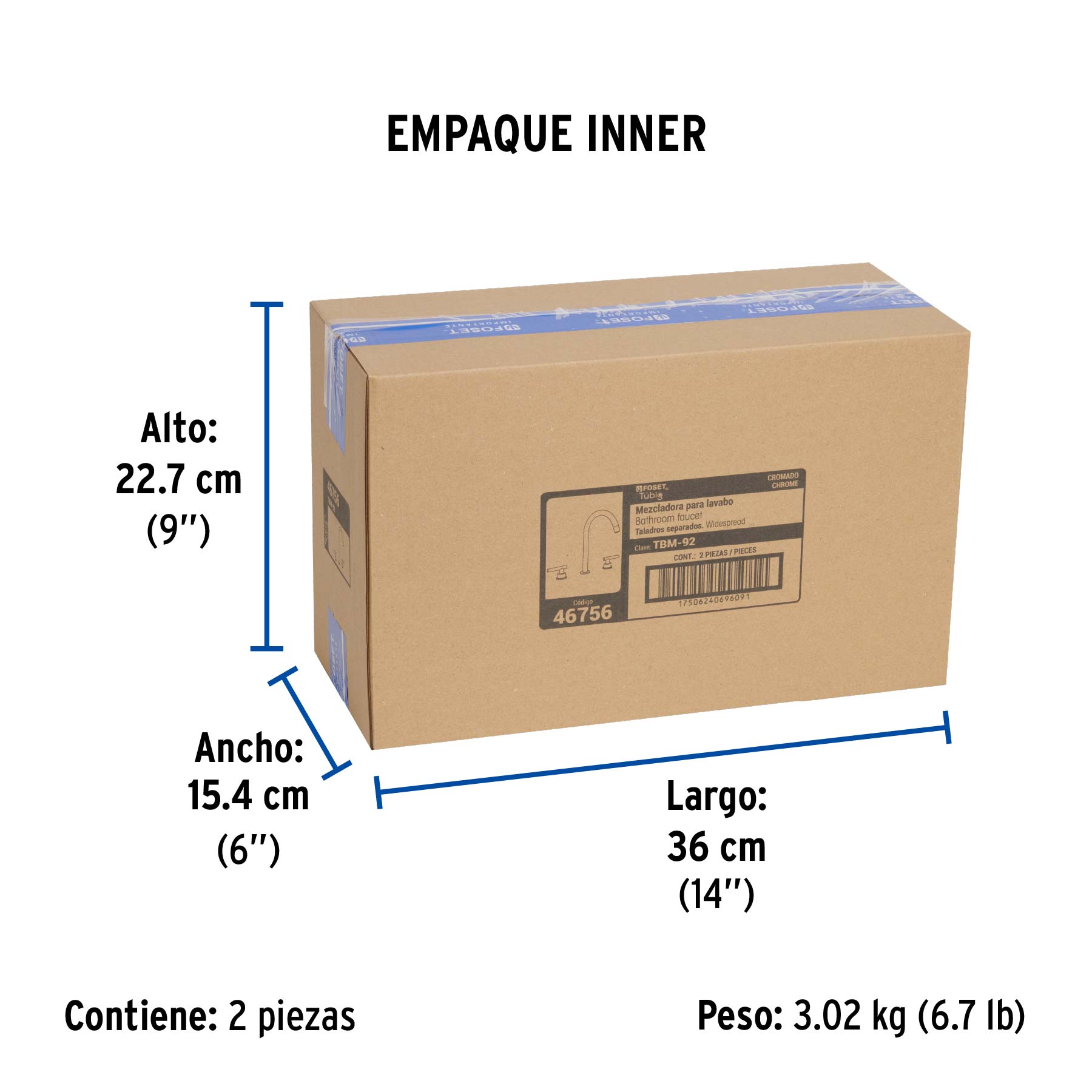 Mezcladora p/lavabo,taladros separados,palanca, cromo, TÚBIG - Empaque