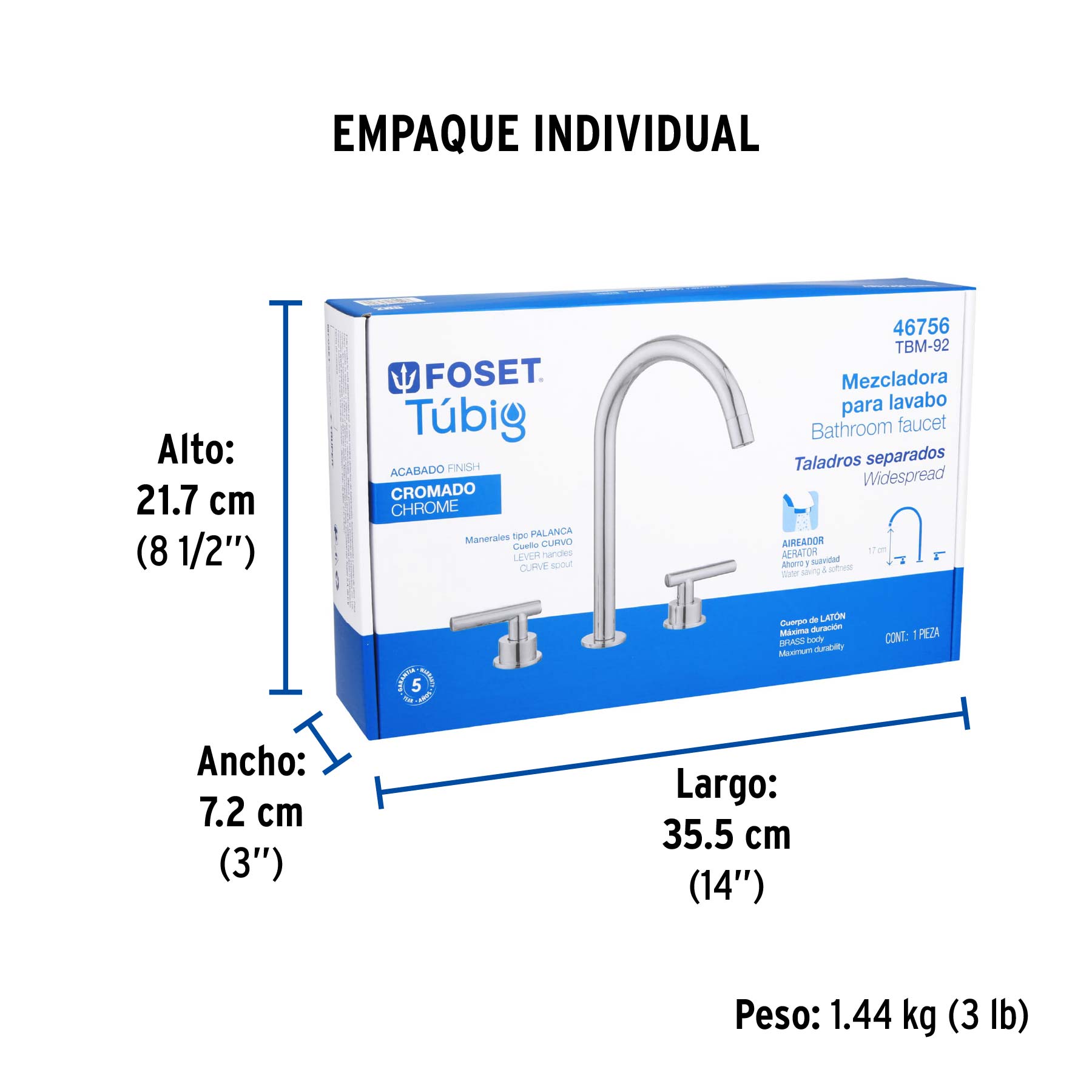 Mezcladora p/lavabo,taladros separados,palanca, cromo, TÚBIG - Empaque