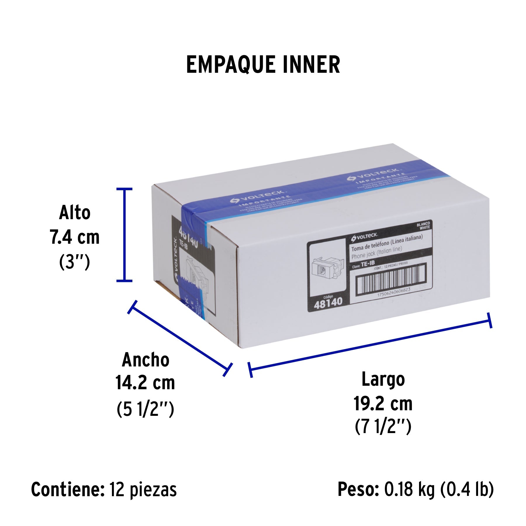 Toma de teléfono, línea Italiana, color blanco, VOLTECK - Empaque