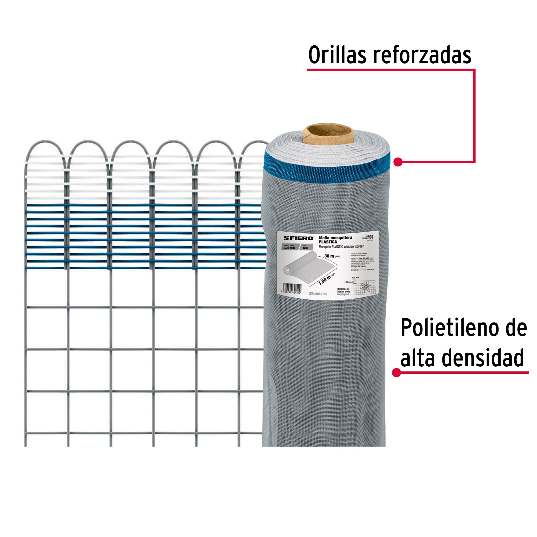 Rollo de 30 m x 1.5 m de malla mosquitera plástica gris
