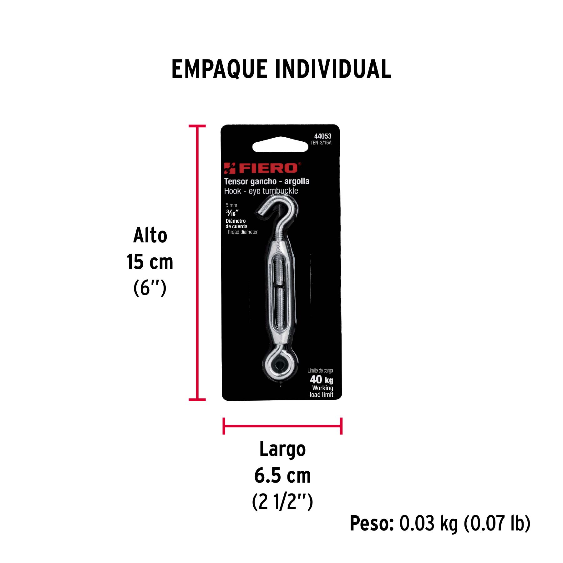 Tensor zinc 3/16" ojo-gancho, FIERO - Empaque