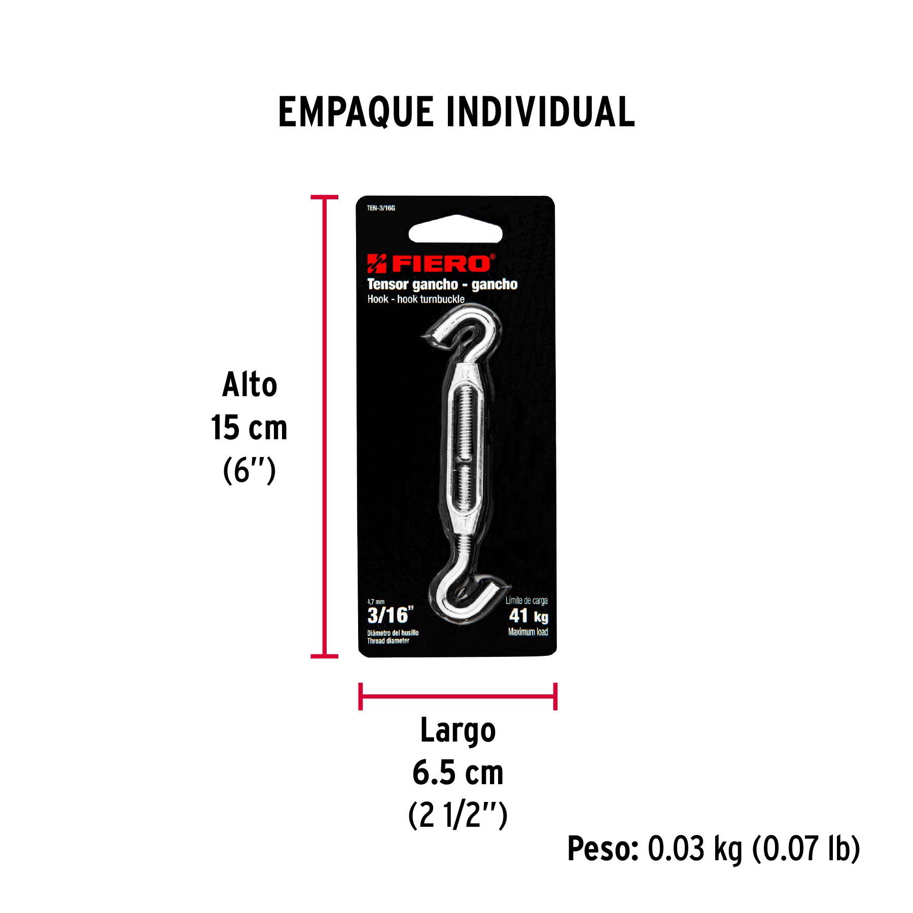 Tensor zinc 3/16" gancho-gancho, FIERO - Empaque