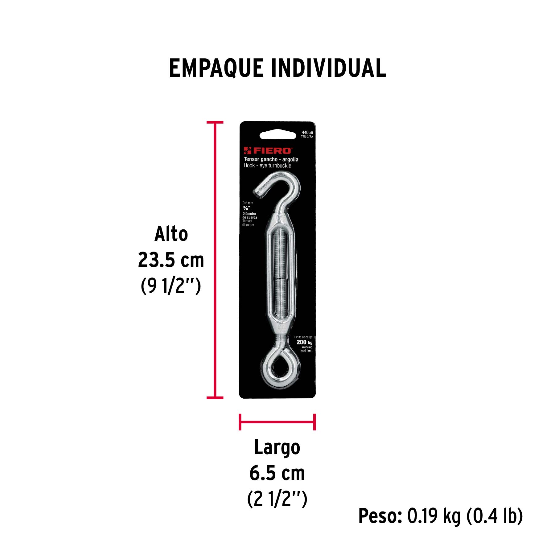 Tensor zinc 3/8" ojo-gancho, FIERO - Empaque
