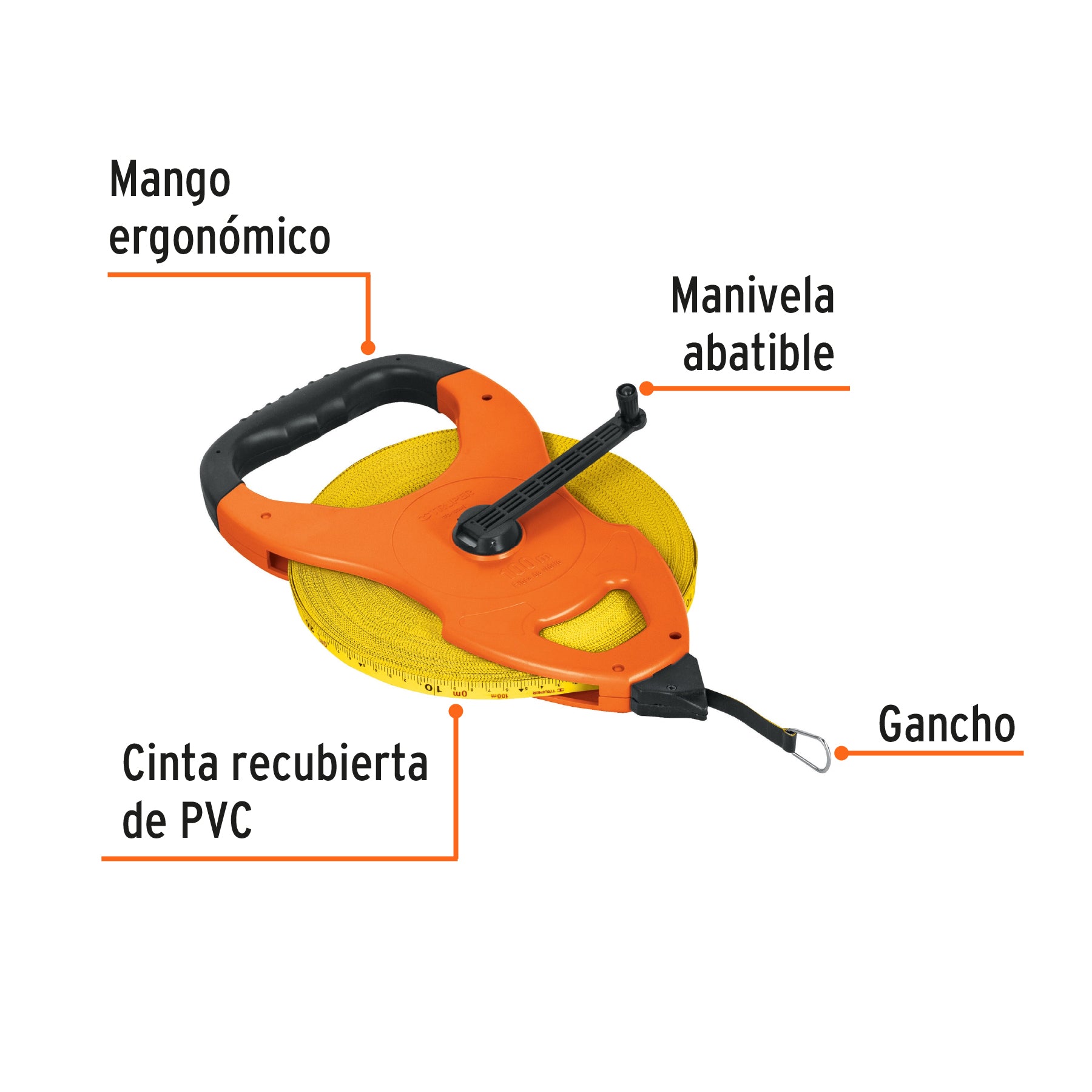 Cinta métrica larga 100m fibra de vidrio, tipo cruceta