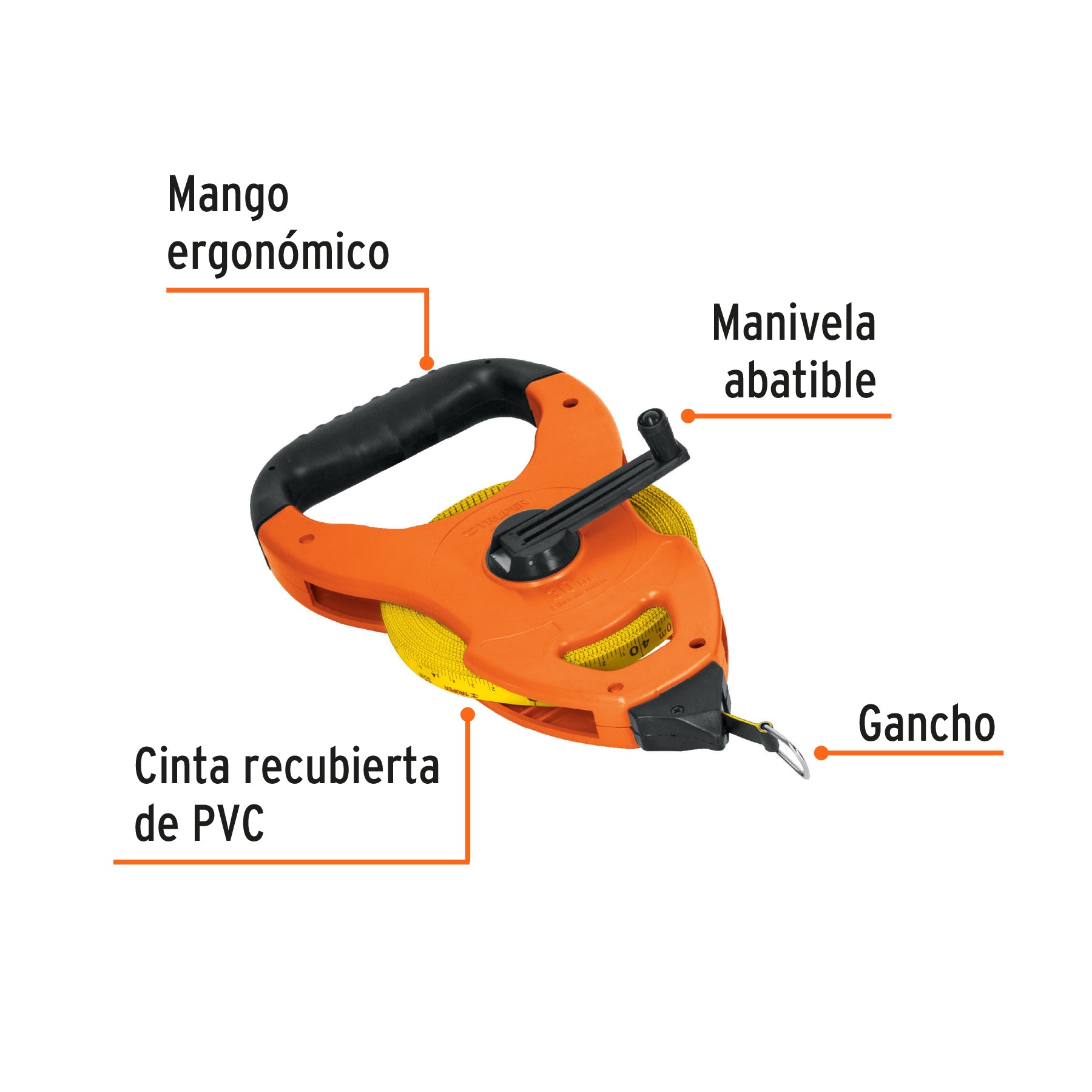 Cinta métrica larga 30m fibra de vidrio, tipo cruceta