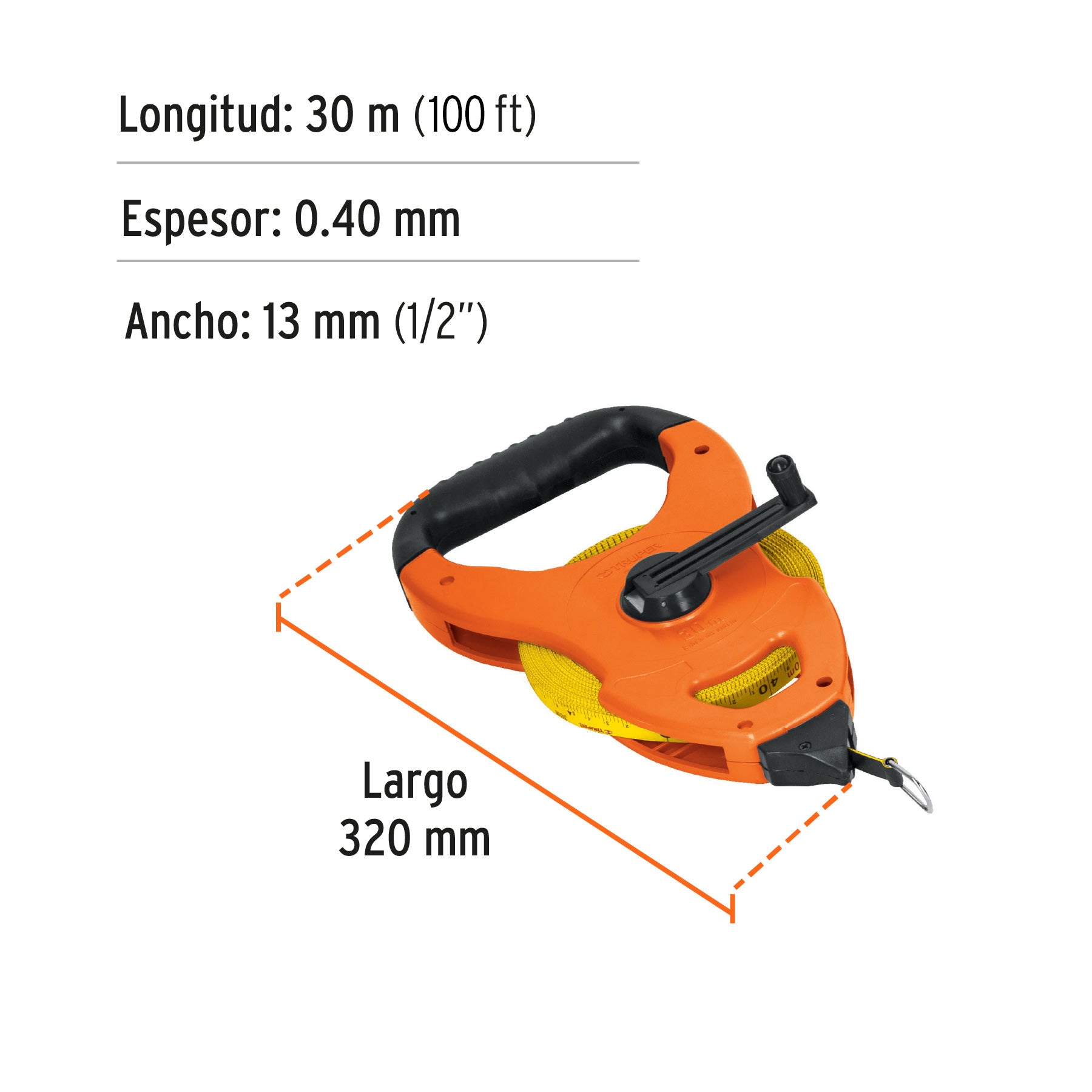 Cinta métrica larga 30m fibra de vidrio, tipo cruceta