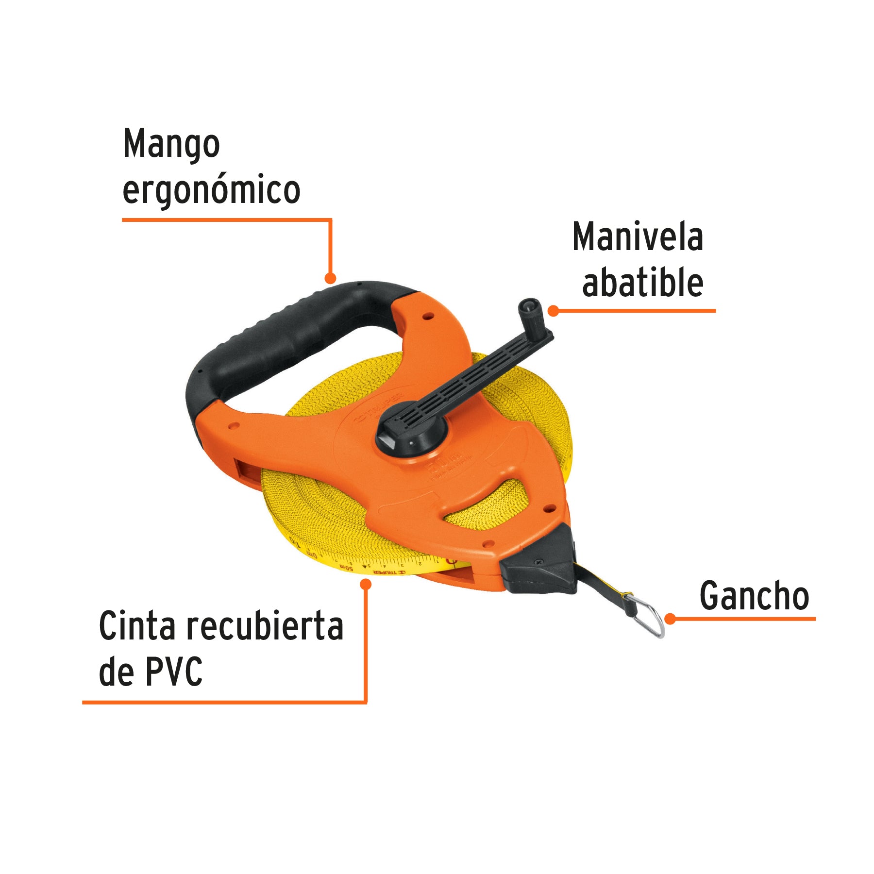 Cinta métrica larga 50m fibra de vidrio, tipo cruceta