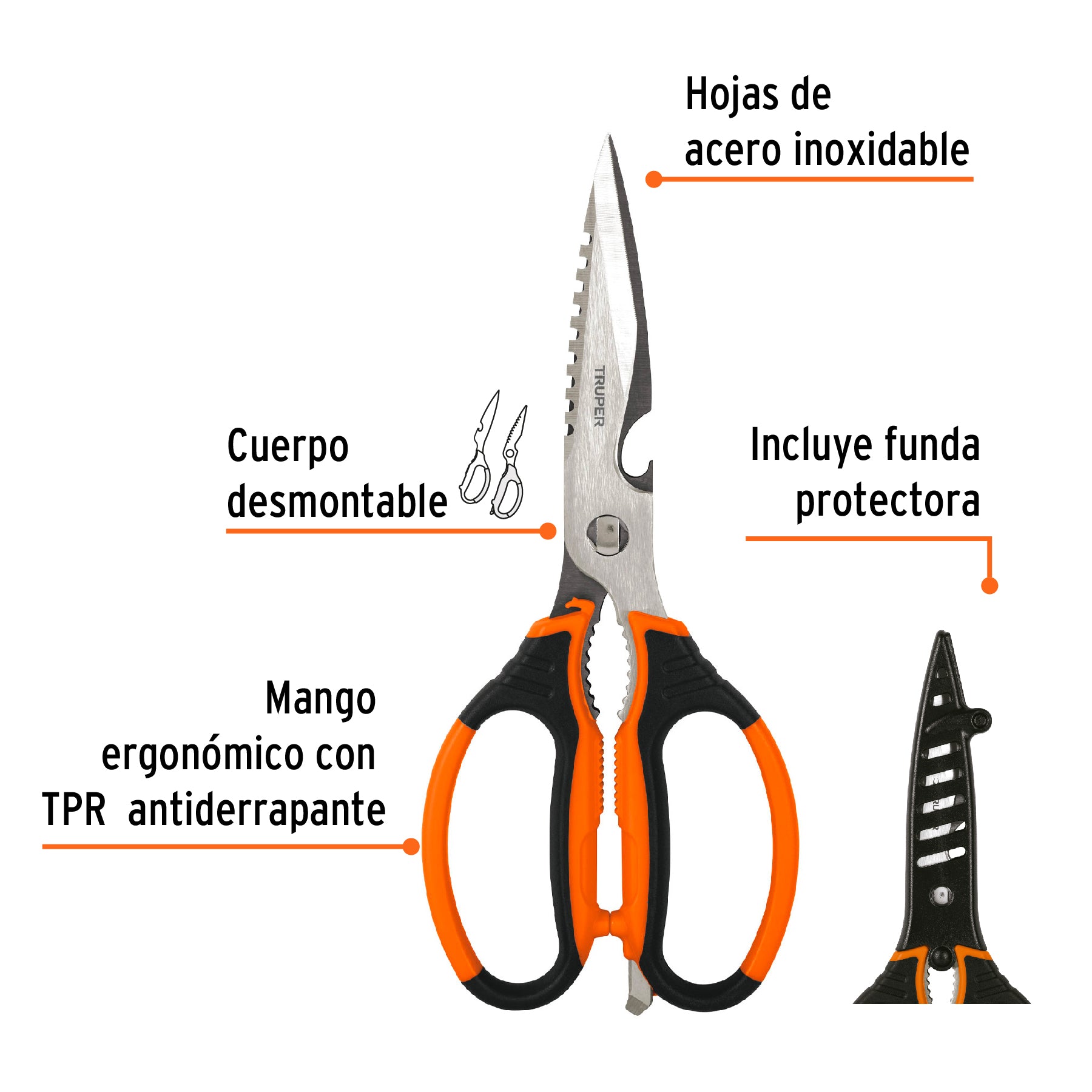 Tijera 8" multiusos, para cocina, acero inoxidable, TRUPER
