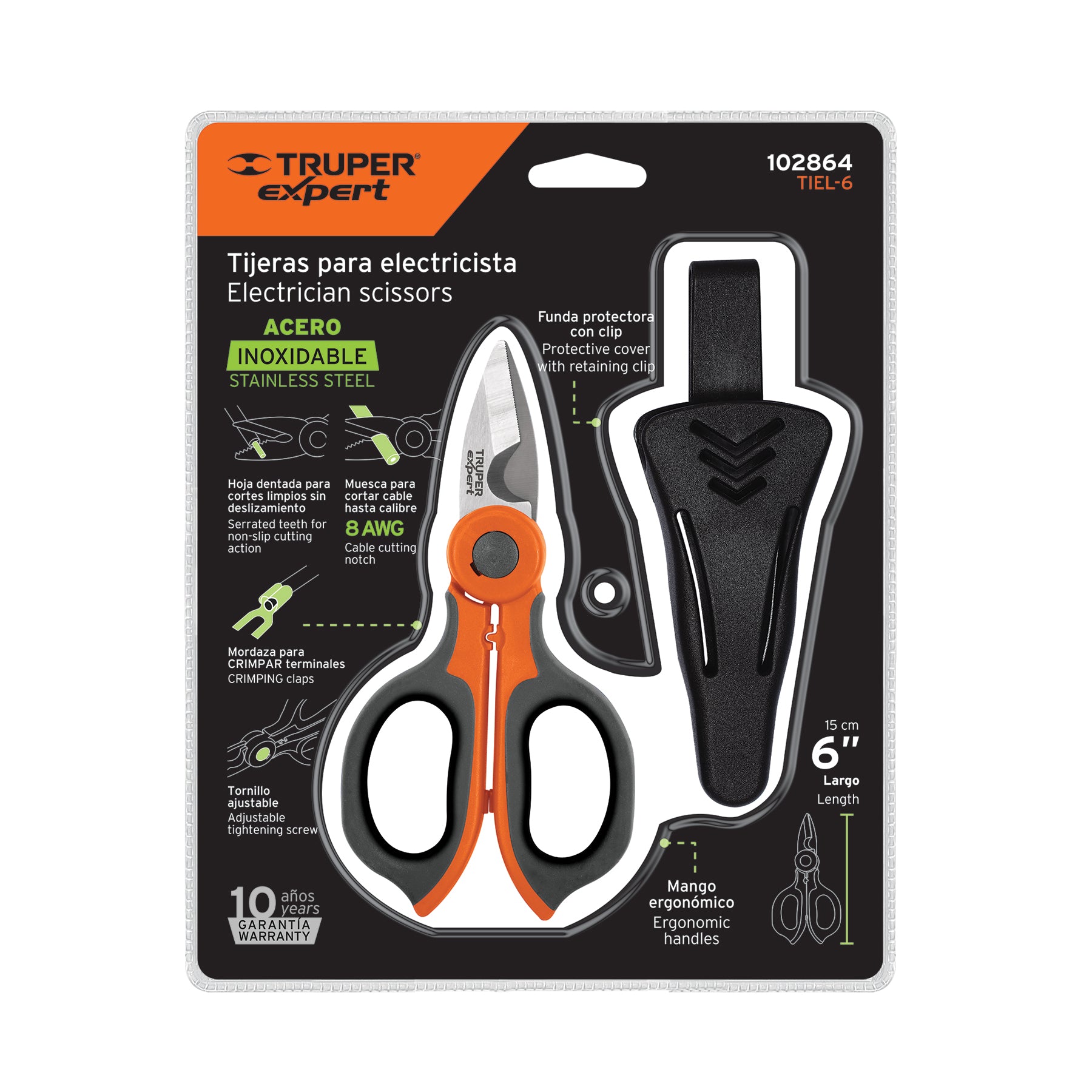 Tijera 6" para electricista, acero inoxidable, EXPERT