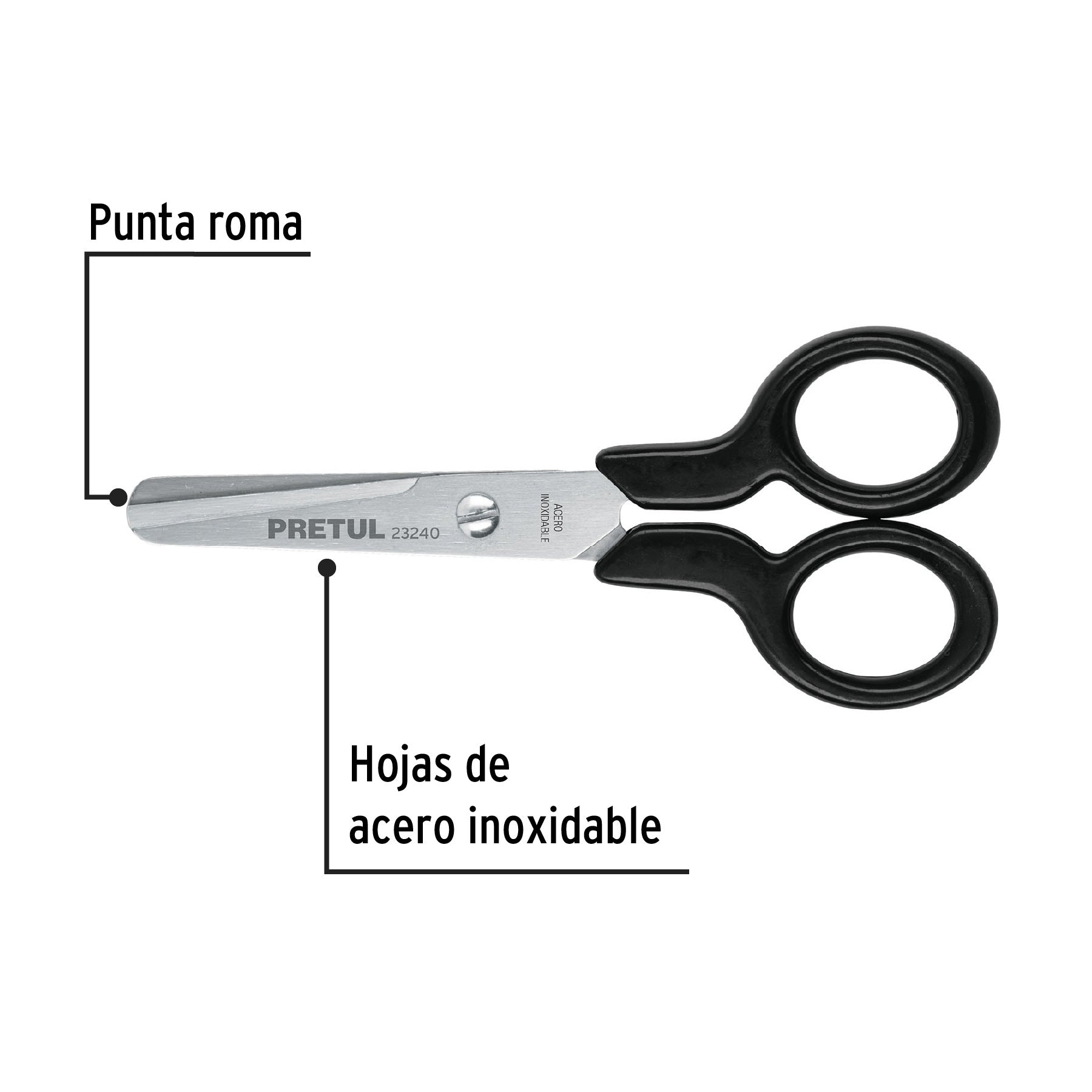 Tijera 4-1/2" escolar, punta roma, acero inoxidable, PRETUL