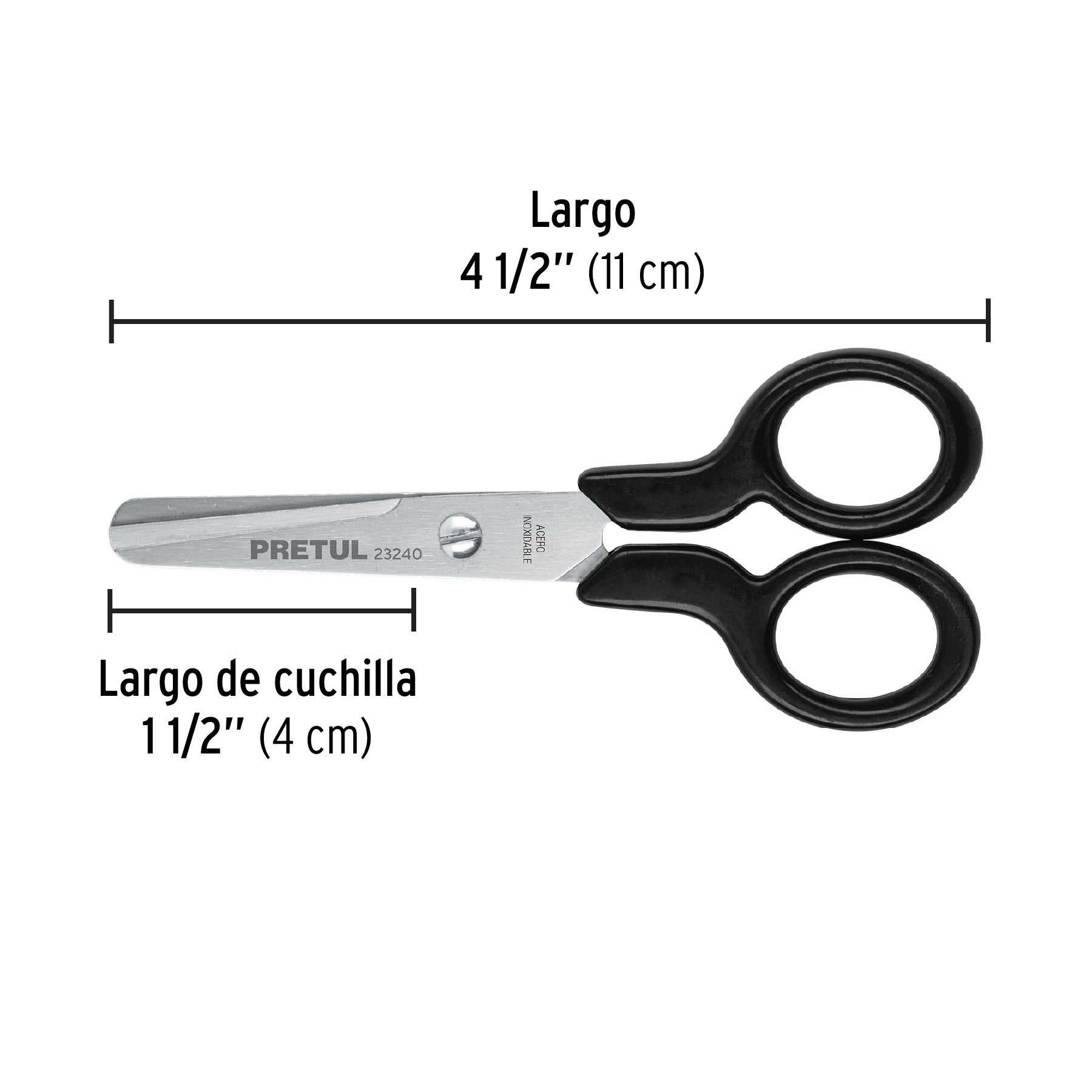 Tijera 4-1/2" escolar, punta roma, acero inoxidable, PRETUL