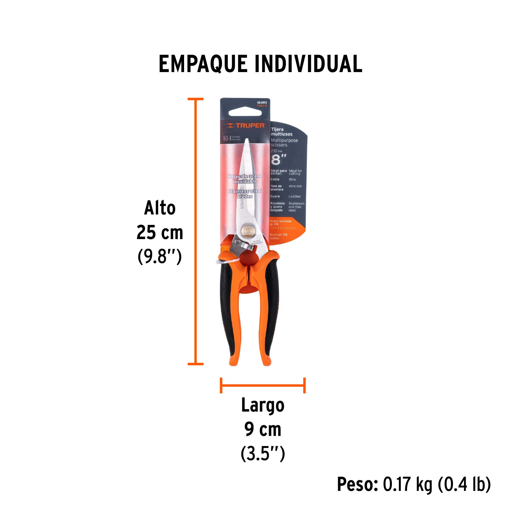 Tijera 8" multiusos, Comfort Grip, acero inoxidable, TRUPER - Empaque