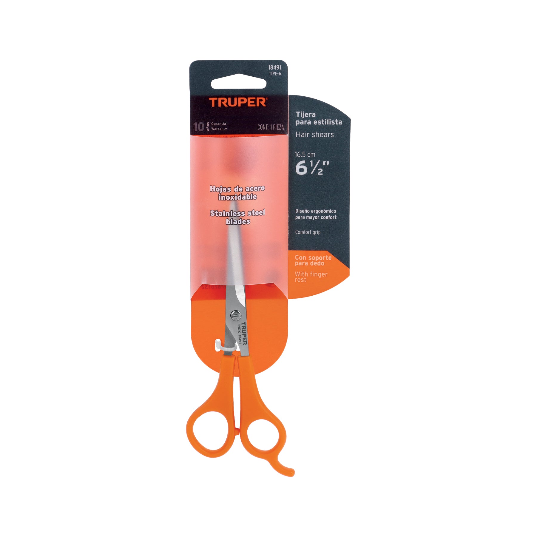 Tijera 6" estilista, con gancho, acero inoxidable, TRUPER
