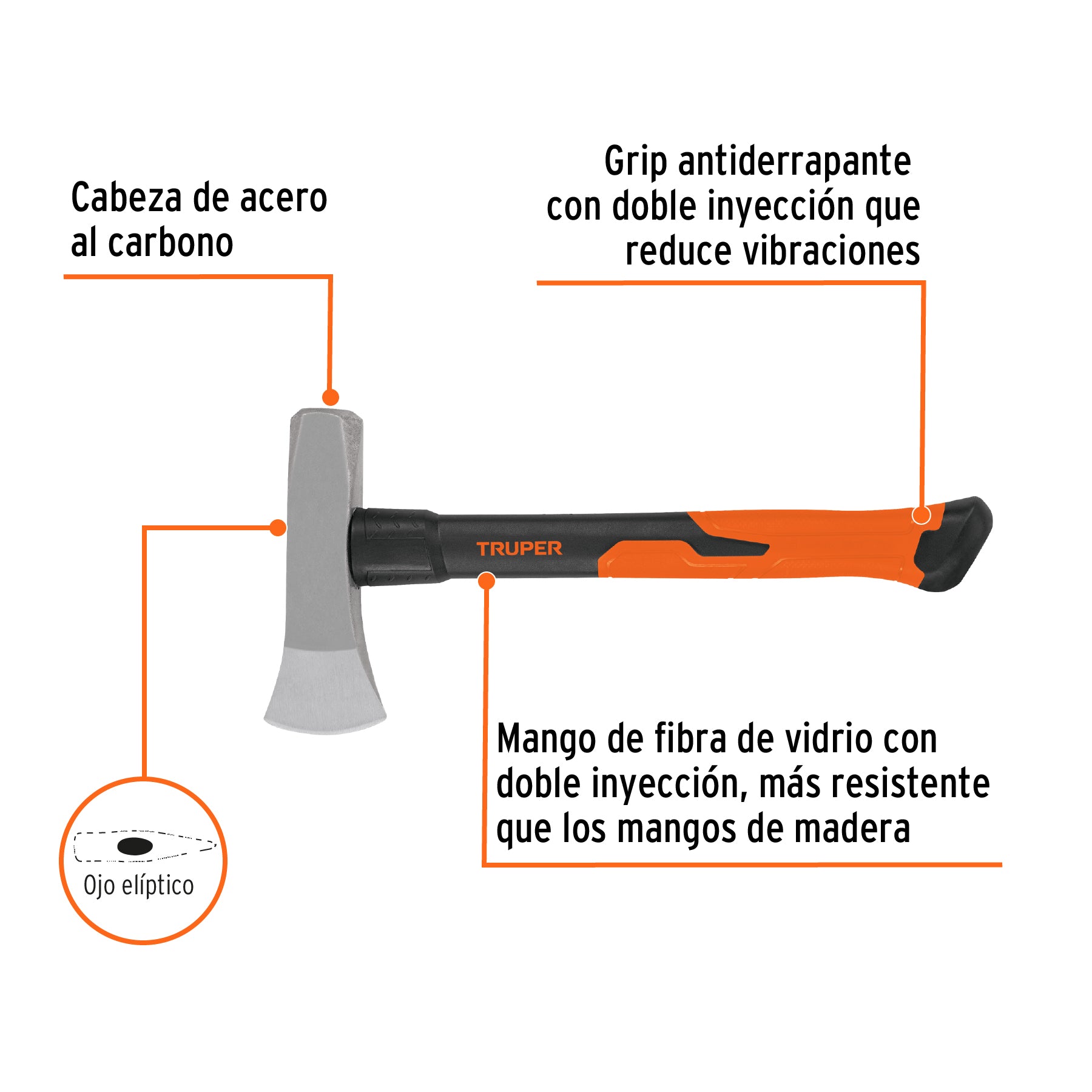 Hacha para rajar madera 3 lb, mango fibra de vidrio 16"