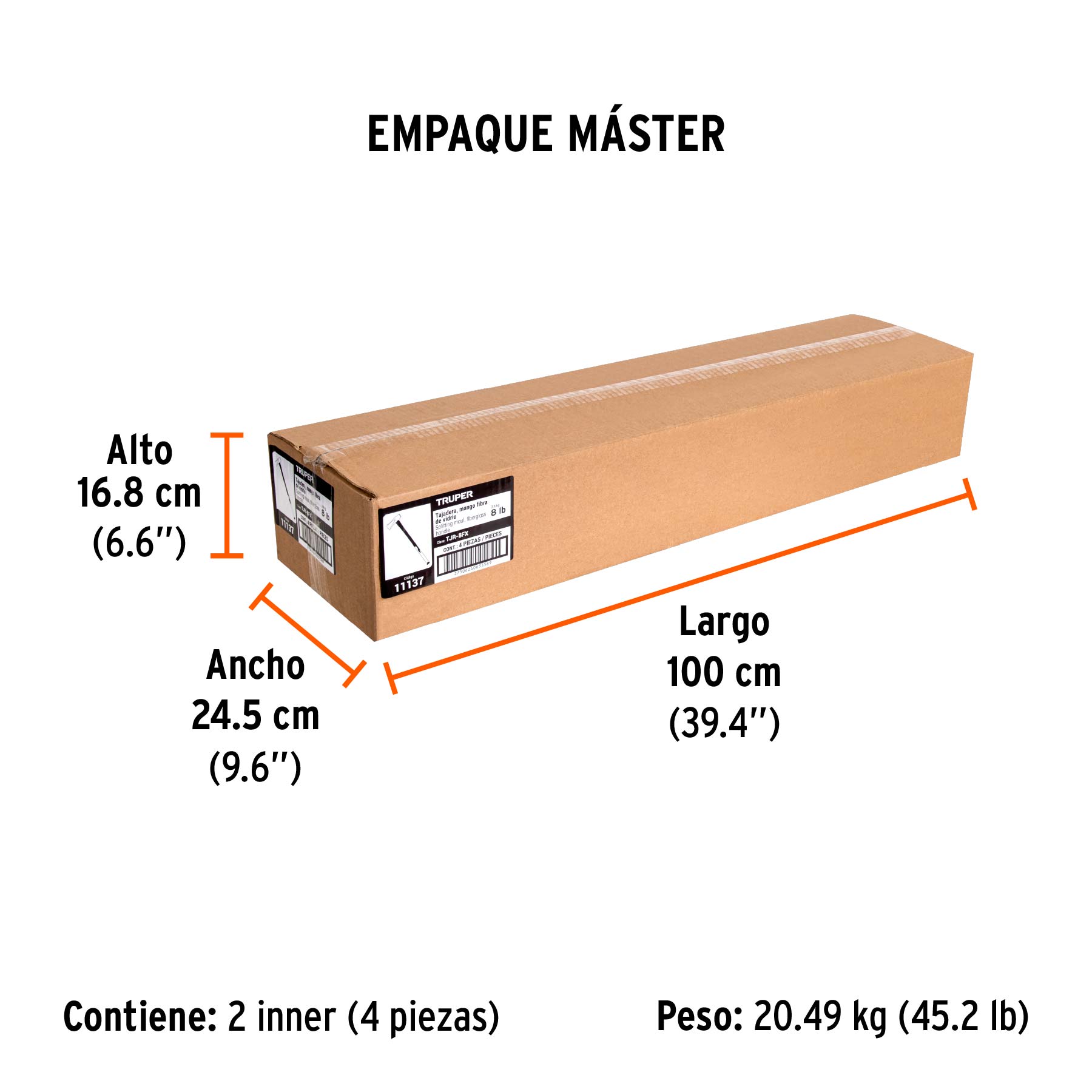 Hacha para rajar madera 8 lbs, mango fibra de vidrio 36" - Empaque