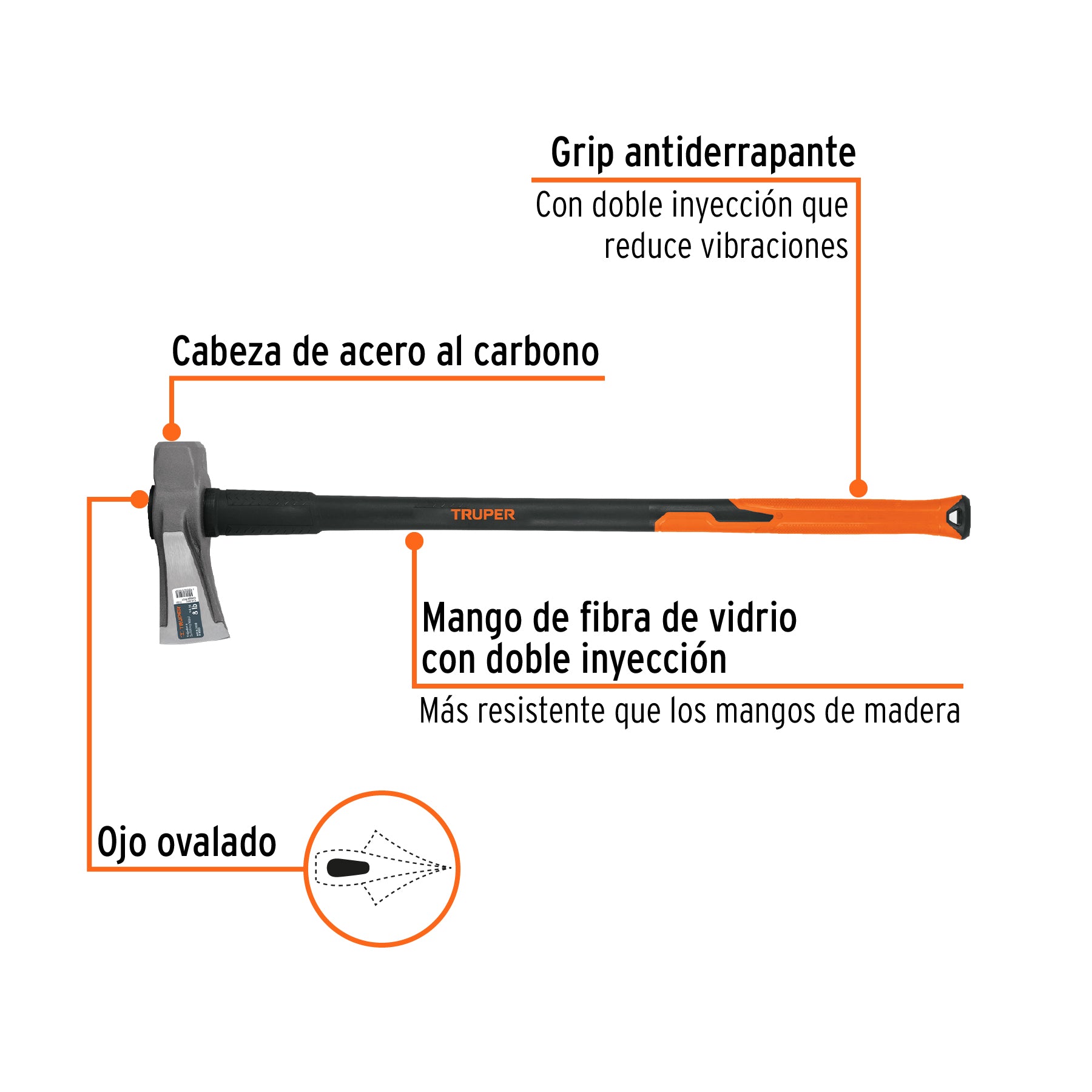 Hacha para rajar madera 8 lbs, mango fibra de vidrio 36"