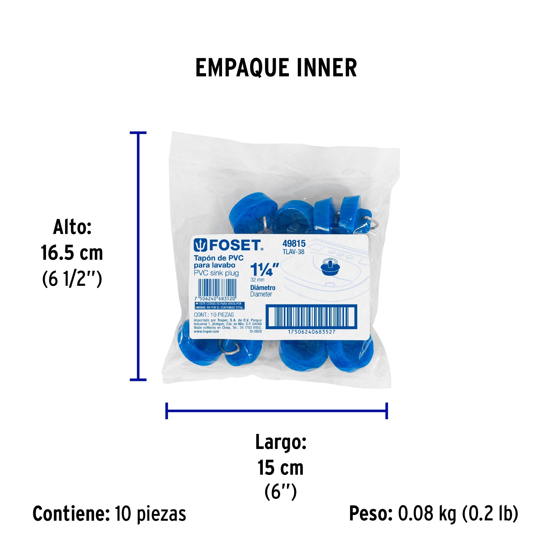 Tapón de PVC, para lavabo, 26 a 35 mm, FOSET - Empaque