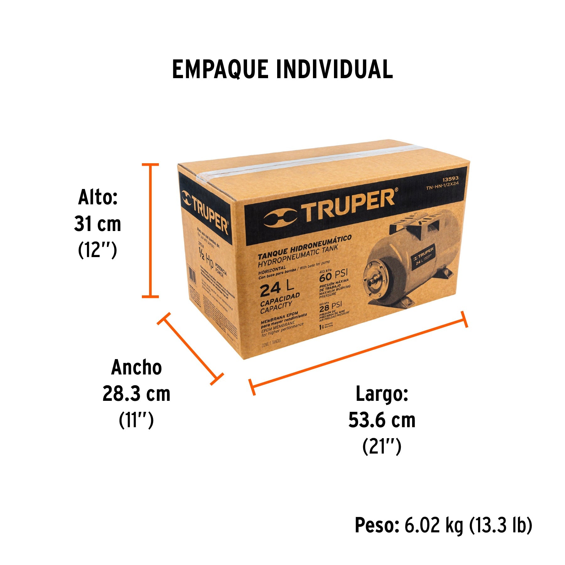 Tanque hidroneumático horizontal, 24 litros, TRUPER - Empaque