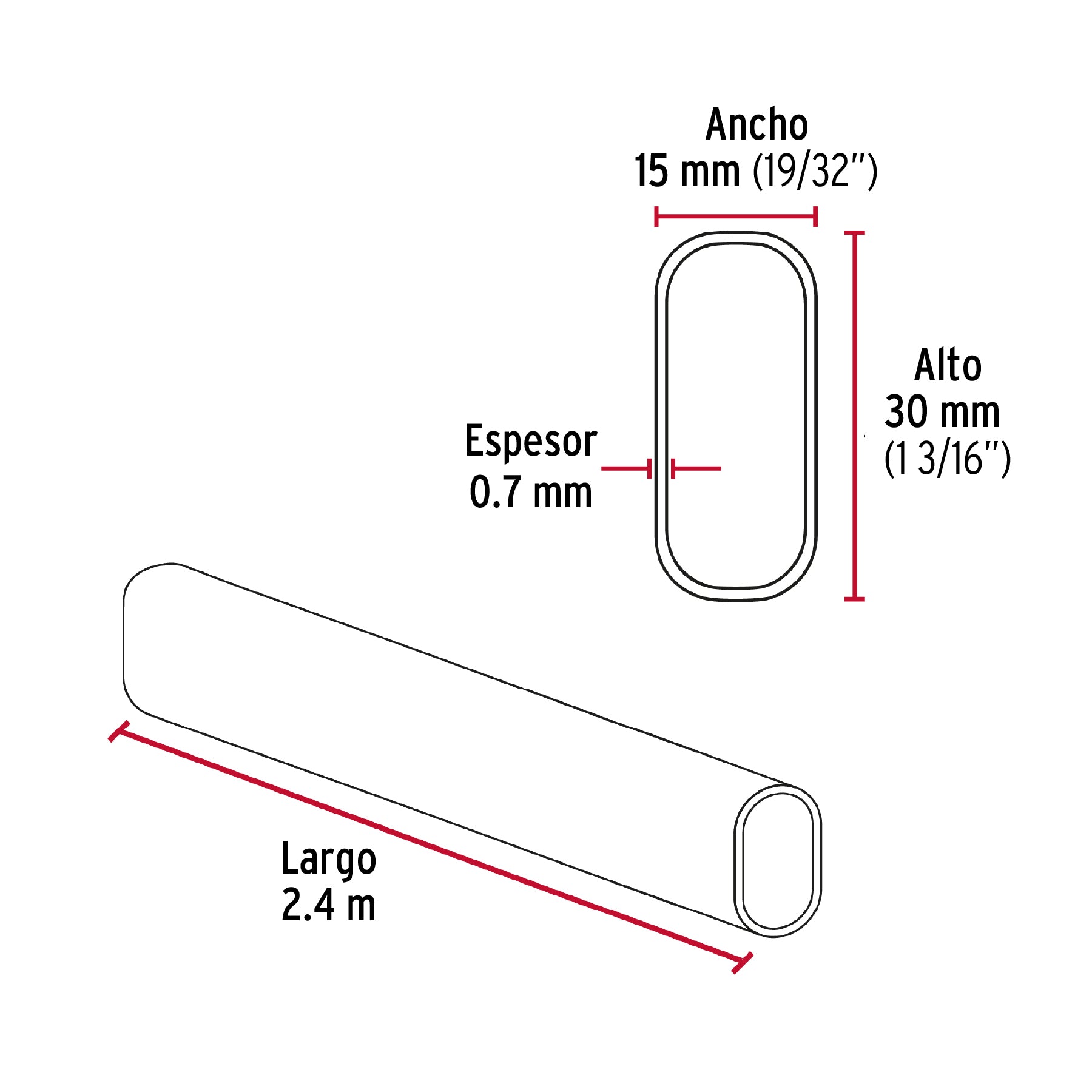 Tubo ovalado para clóset, 2.4 m, acero cromado, HERMEX