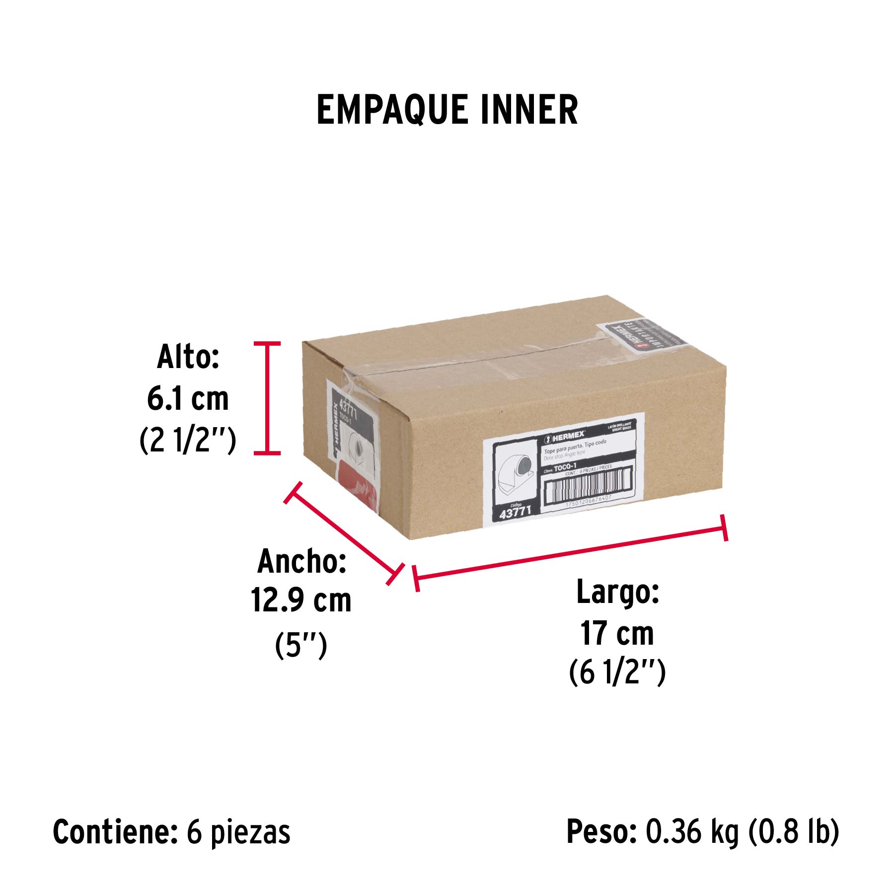Tope tipo codo para puerta, acabado latón brillante, HERMEX - Empaque