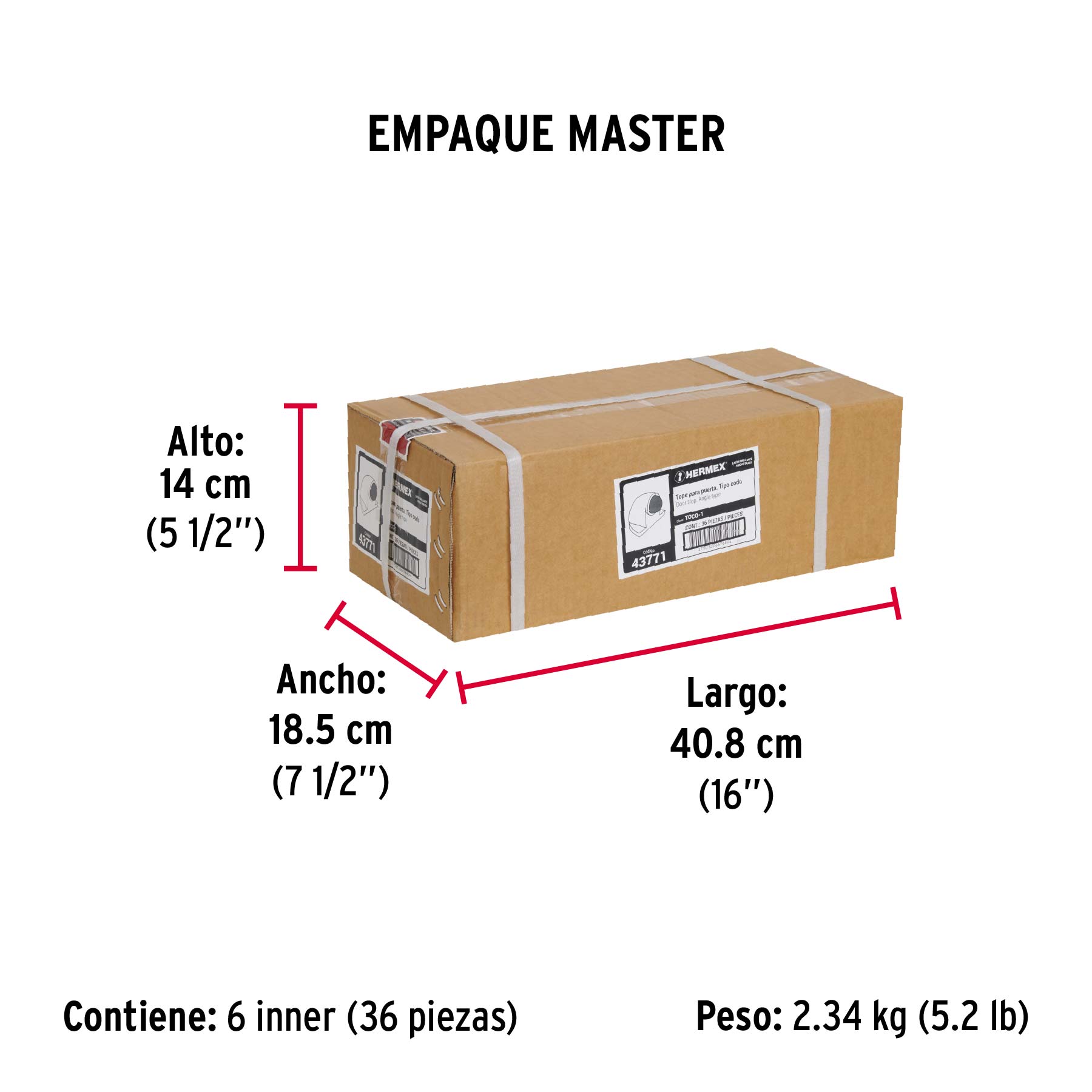 Tope tipo codo para puerta, acabado latón brillante, HERMEX - Empaque
