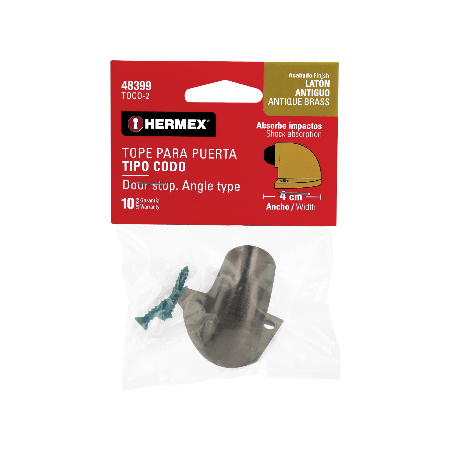 Tope tipo codo para puerta, acabado latón antiguo, HERMEX