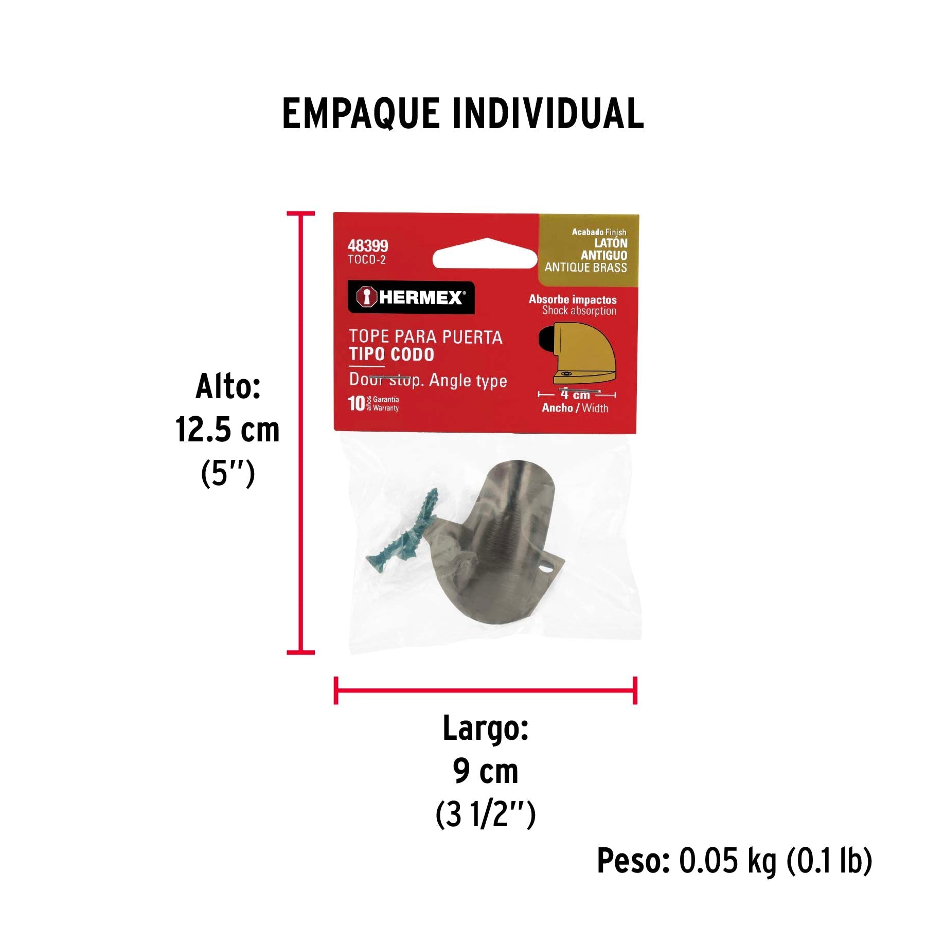 Tope tipo codo para puerta, acabado latón antiguo, HERMEX - Empaque