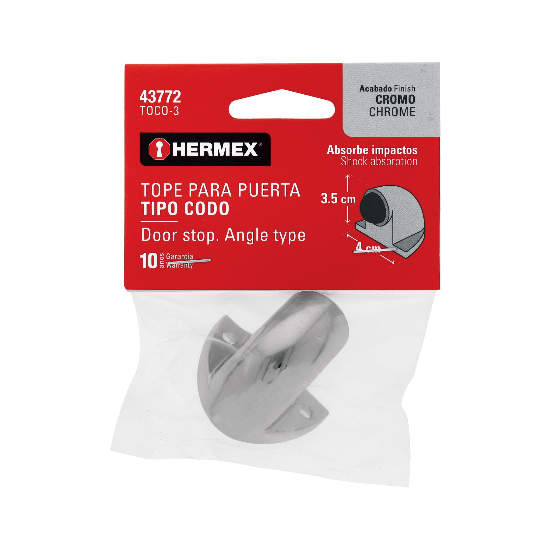 Tope tipo codo para puerta, acabado cromo, HERMEX