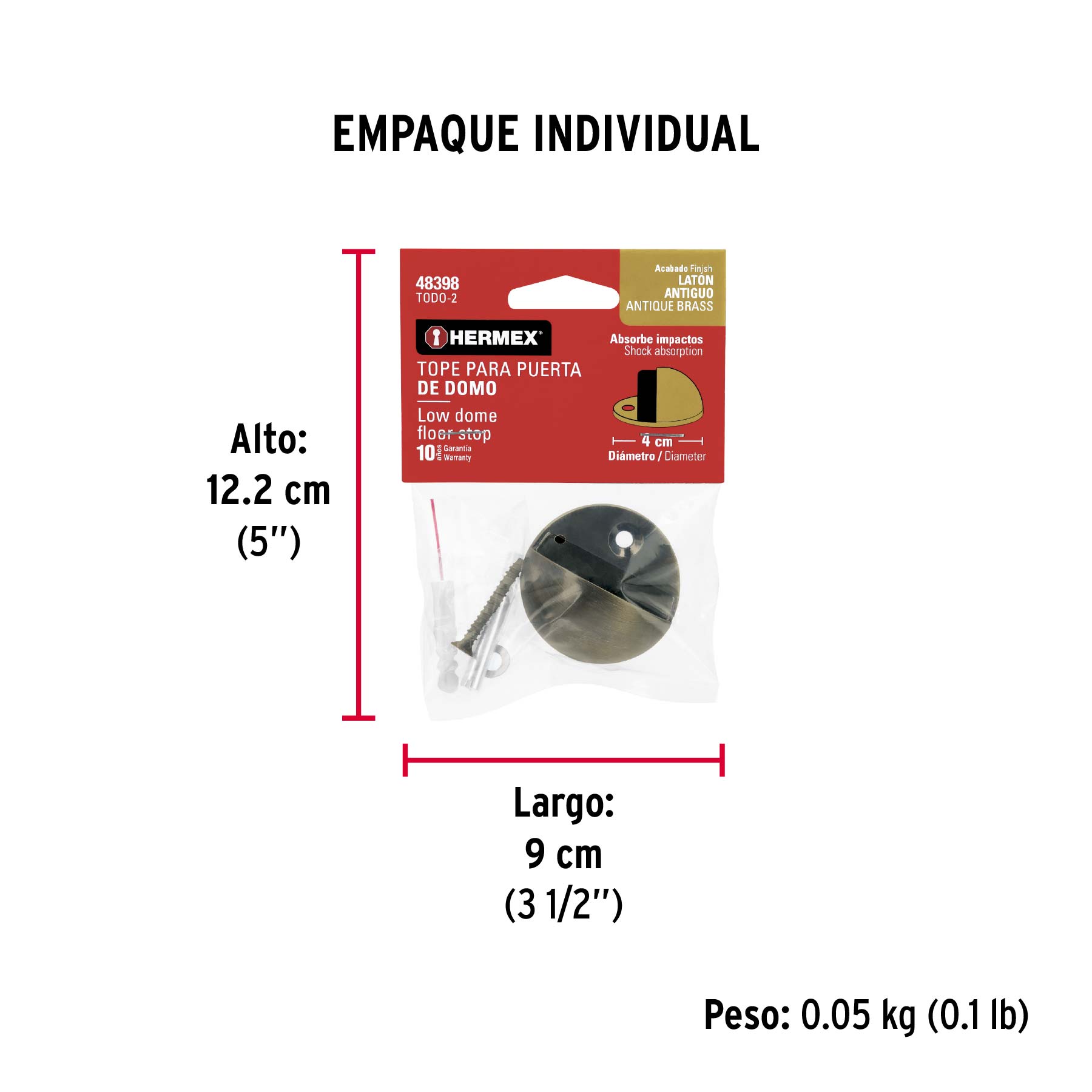 Tope tipo domo para puerta, acabado latón antiguo, HERMEX - Empaque
