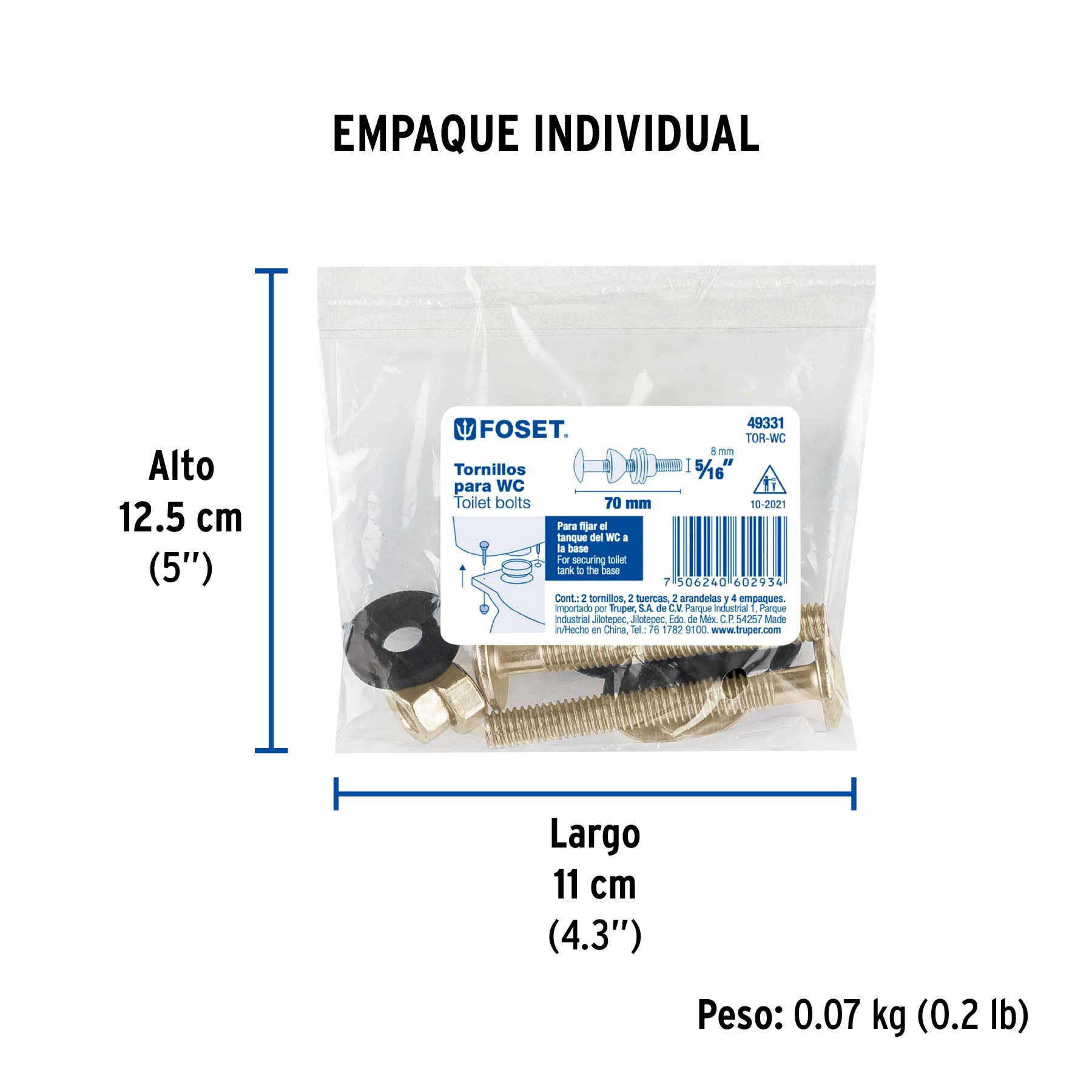 Bolsa con 2 tornillos 5/16" x 70 mm para tanque de WC a base - Empaque