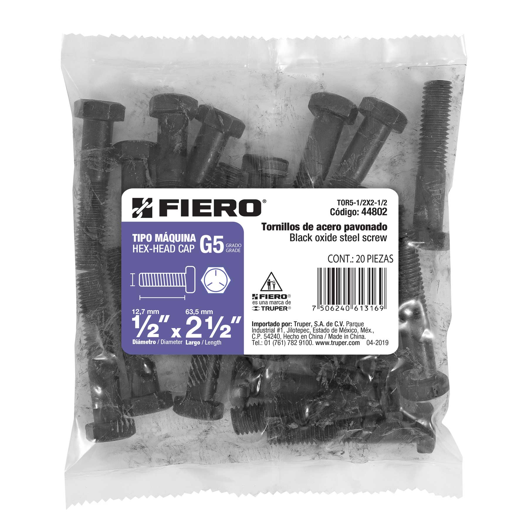 Bolsa con 20 tornillos 1/2" x 2-1/2" acero grado 5, FIERO