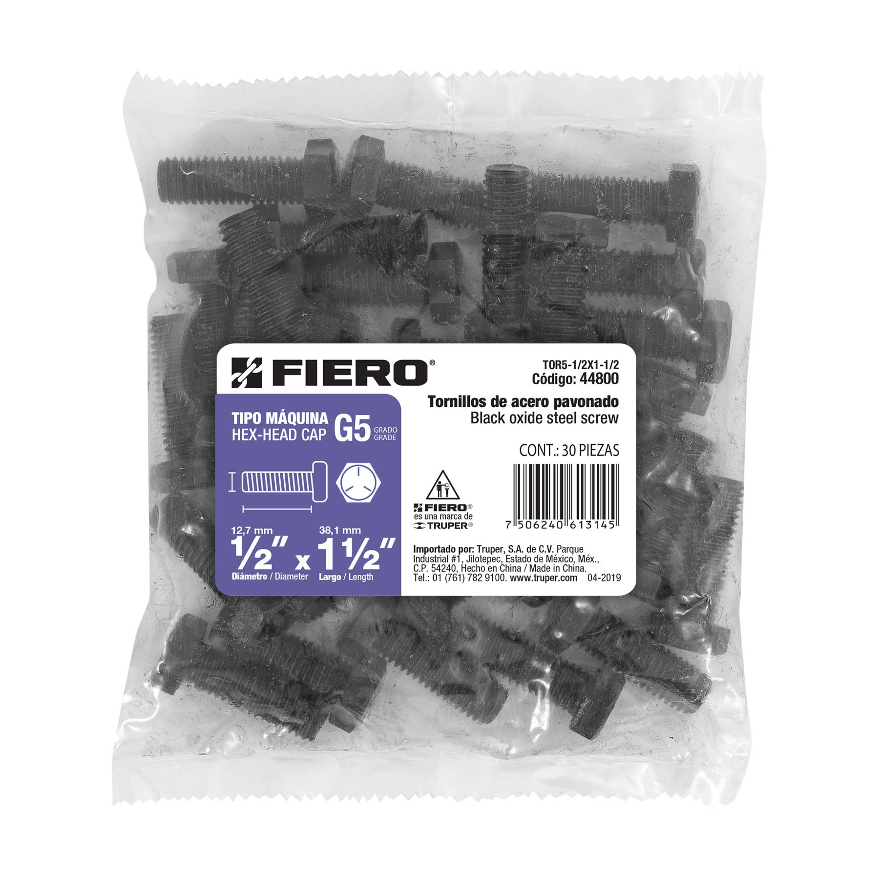 Bolsa con 30 tornillos 1/2" x 1-1/2" acero grado 5, FIERO