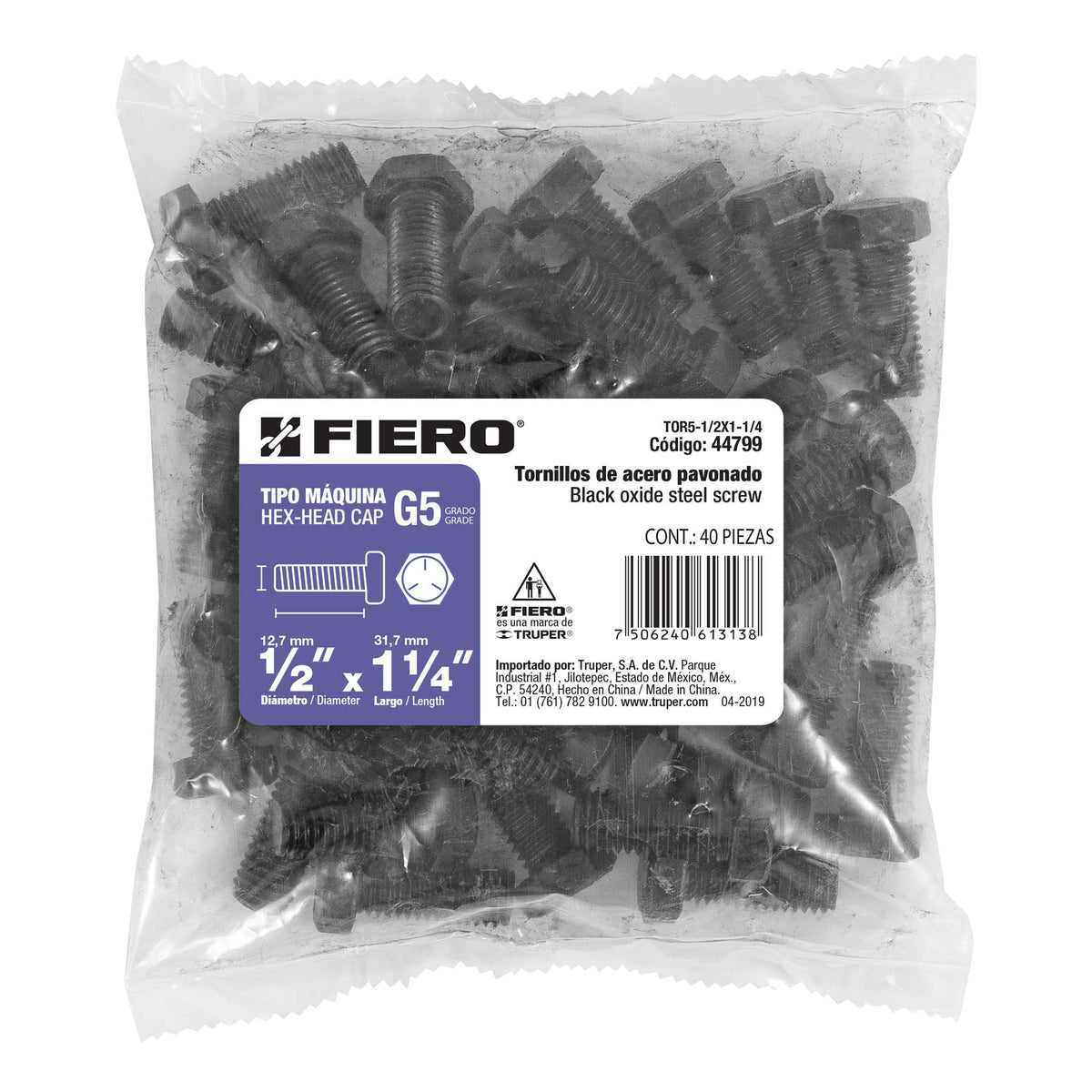 Bolsa con 40 tornillos 1/2" x 1-1/4" acero grado 5, FIERO