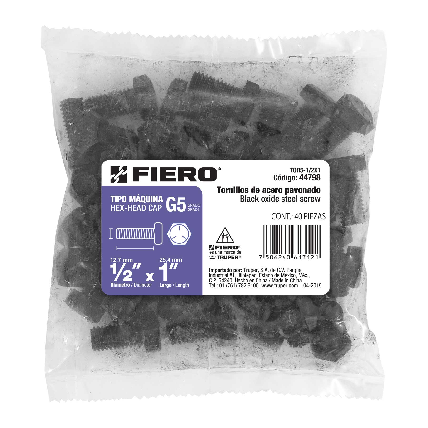 Bolsa con 40 tornillos 1/2" x 1" acero grado 5, FIERO