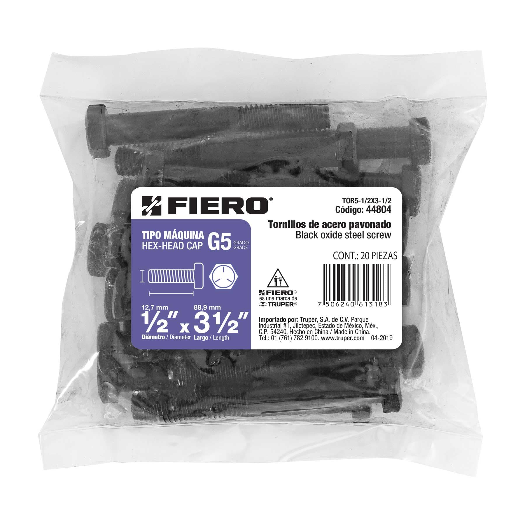 Bolsa con 20 tornillos 1/2" x 3-1/2" acero grado 5, FIERO