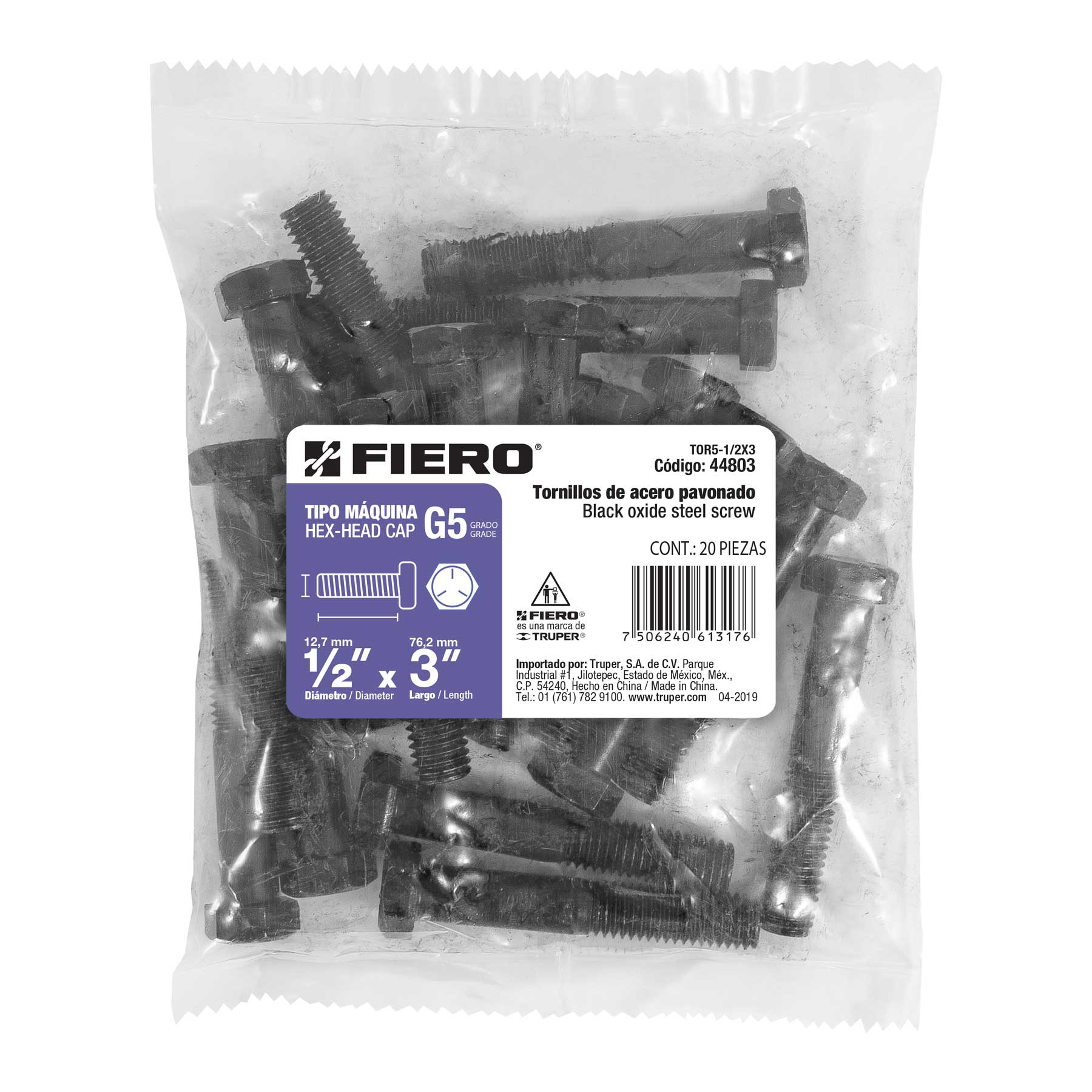 Bolsa con 20 tornillos 1/2" x 3" acero grado 5, FIERO