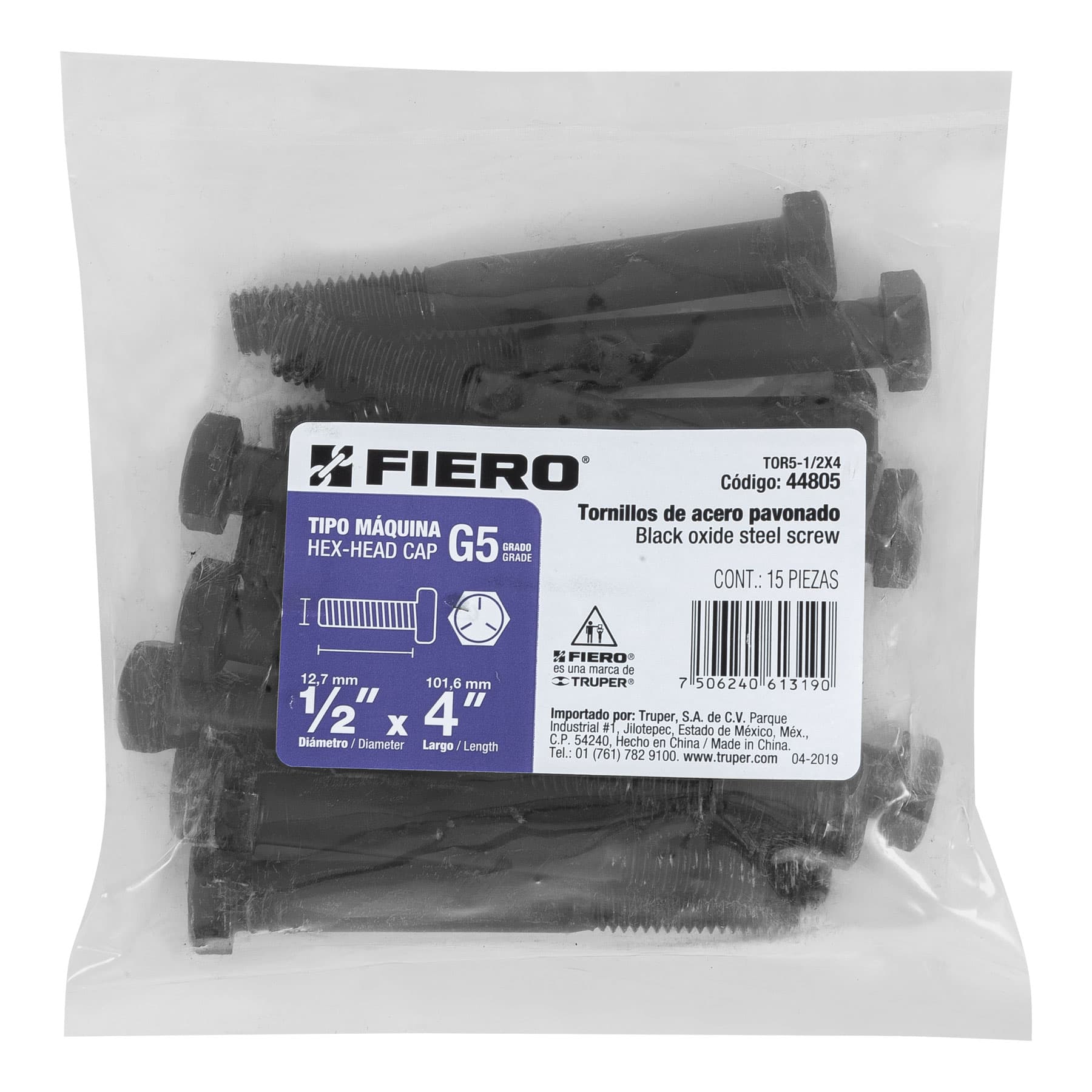 Bolsa con 15 tornillos 1/2" x 4" acero grado 5, FIERO