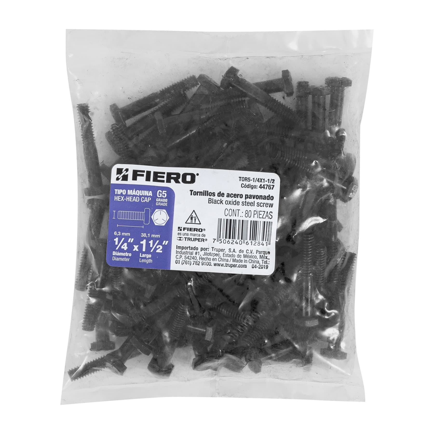 Bolsa con 80 tornillos 1/4" x 1-1/2" acero grado 5, FIERO