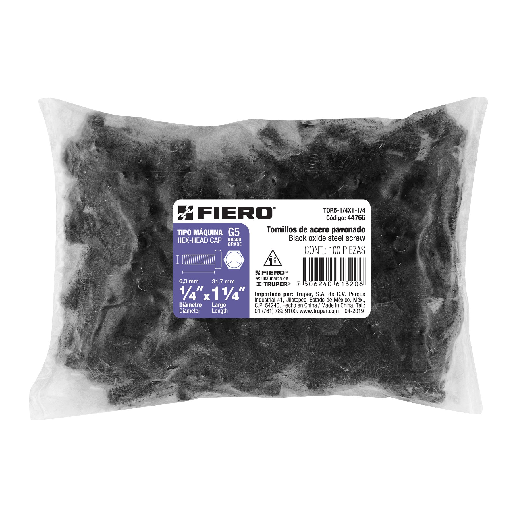 Bolsa con 100 tornillos 1/4" x 1-1/4" acero grado 5, FIERO