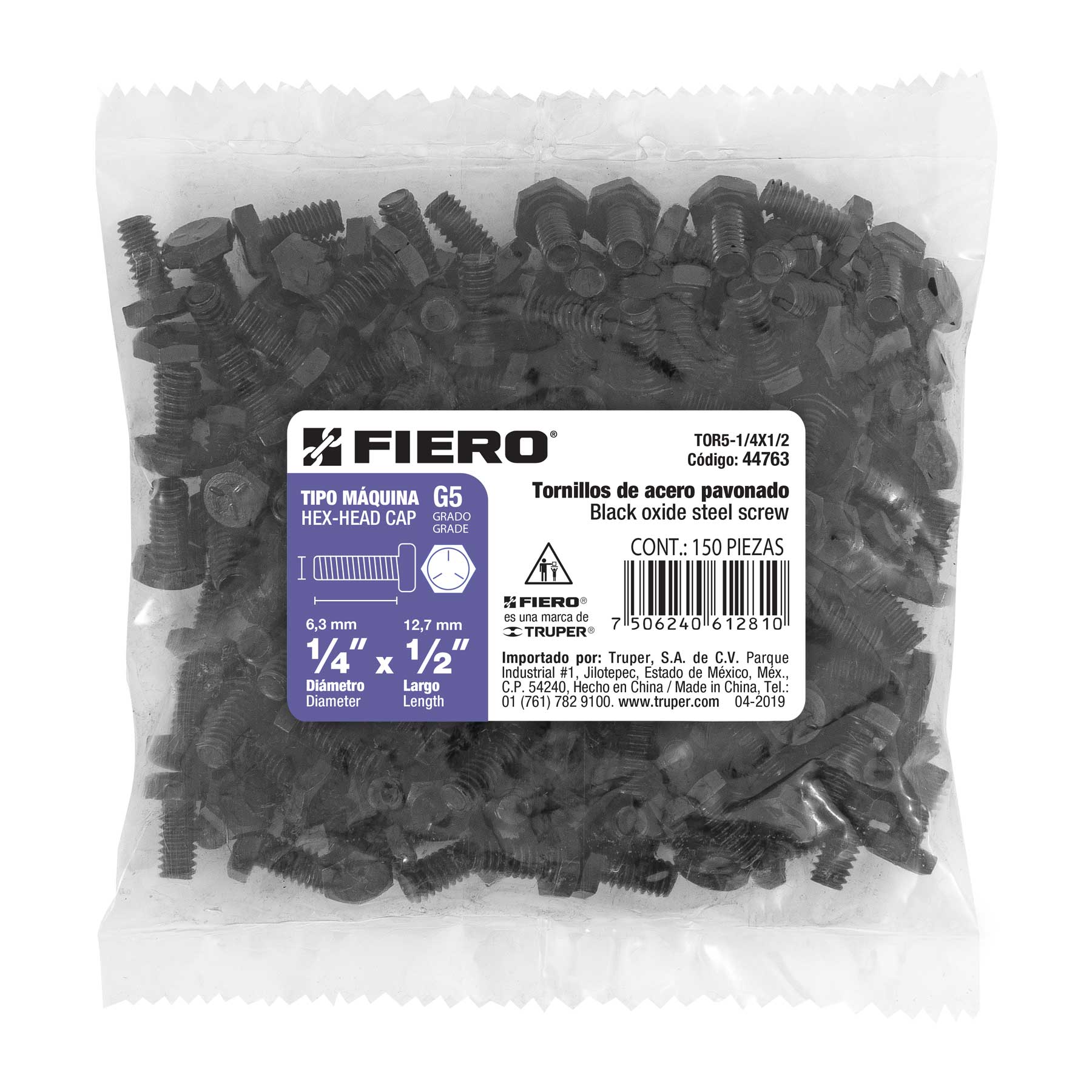 Bolsa con 150 tornillos 1/4" x 1/2" acero grado 5, FIERO