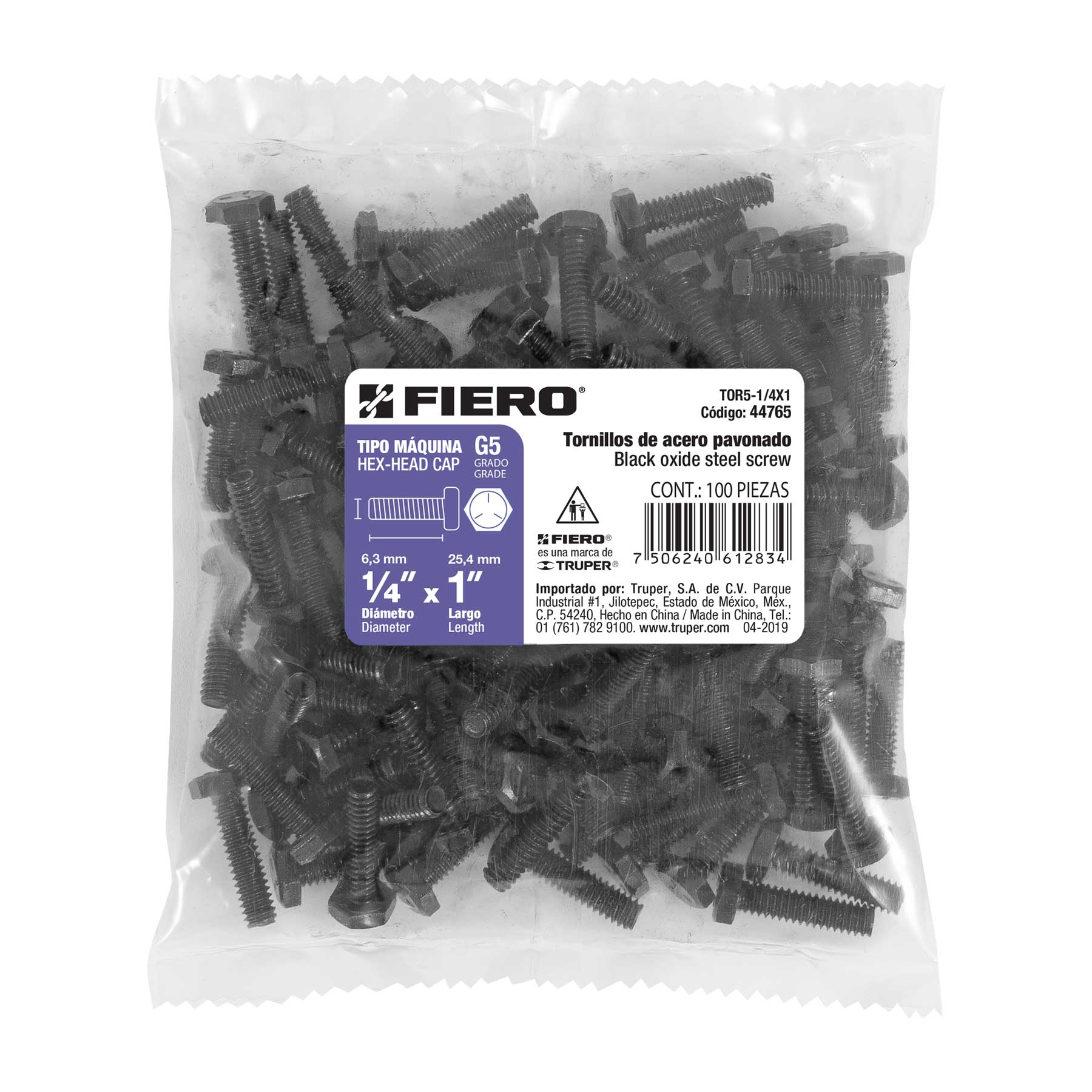 Bolsa con 100 tornillos 1/4" x 1" acero grado 5, FIERO