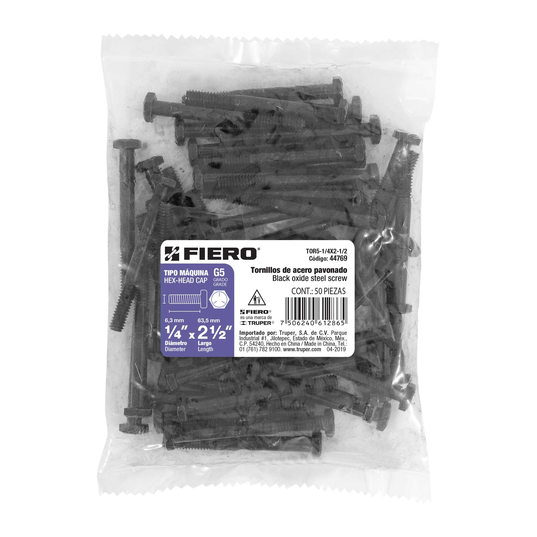 Bolsa con 50 tornillos 1/4" x 2-1/2" acero grado 5, FIERO