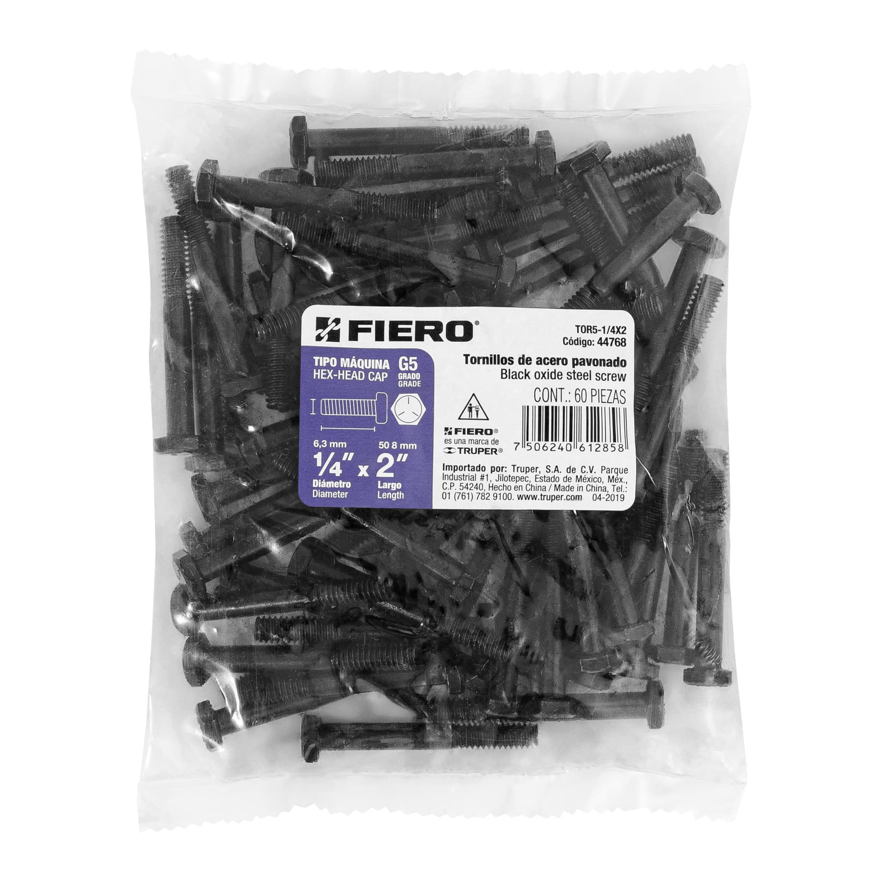 Bolsa con 60 tornillos 1/4" x 2" acero grado 5, FIERO