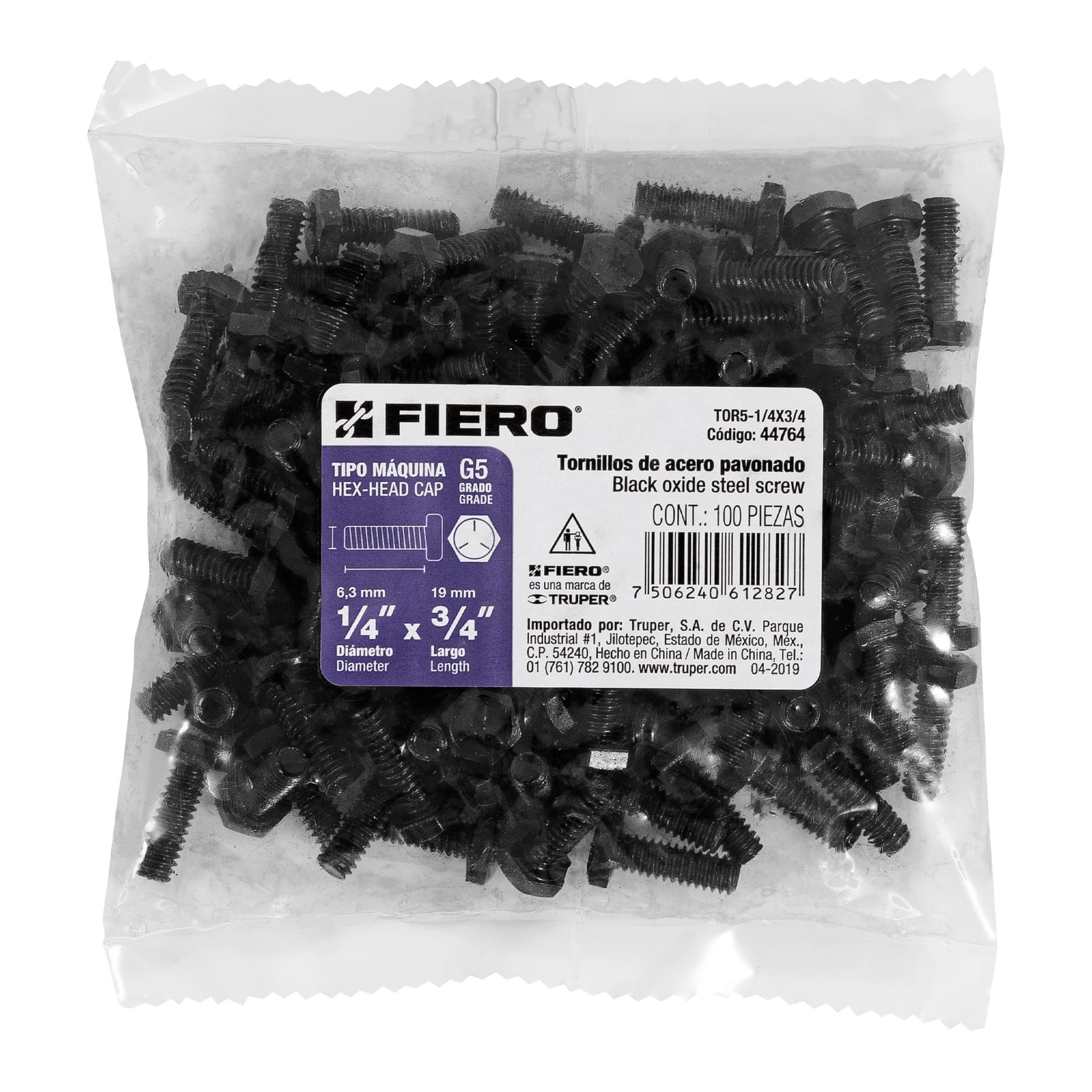 Bolsa con 100 tornillos 1/4" x 3/4" acero grado 5, FIERO